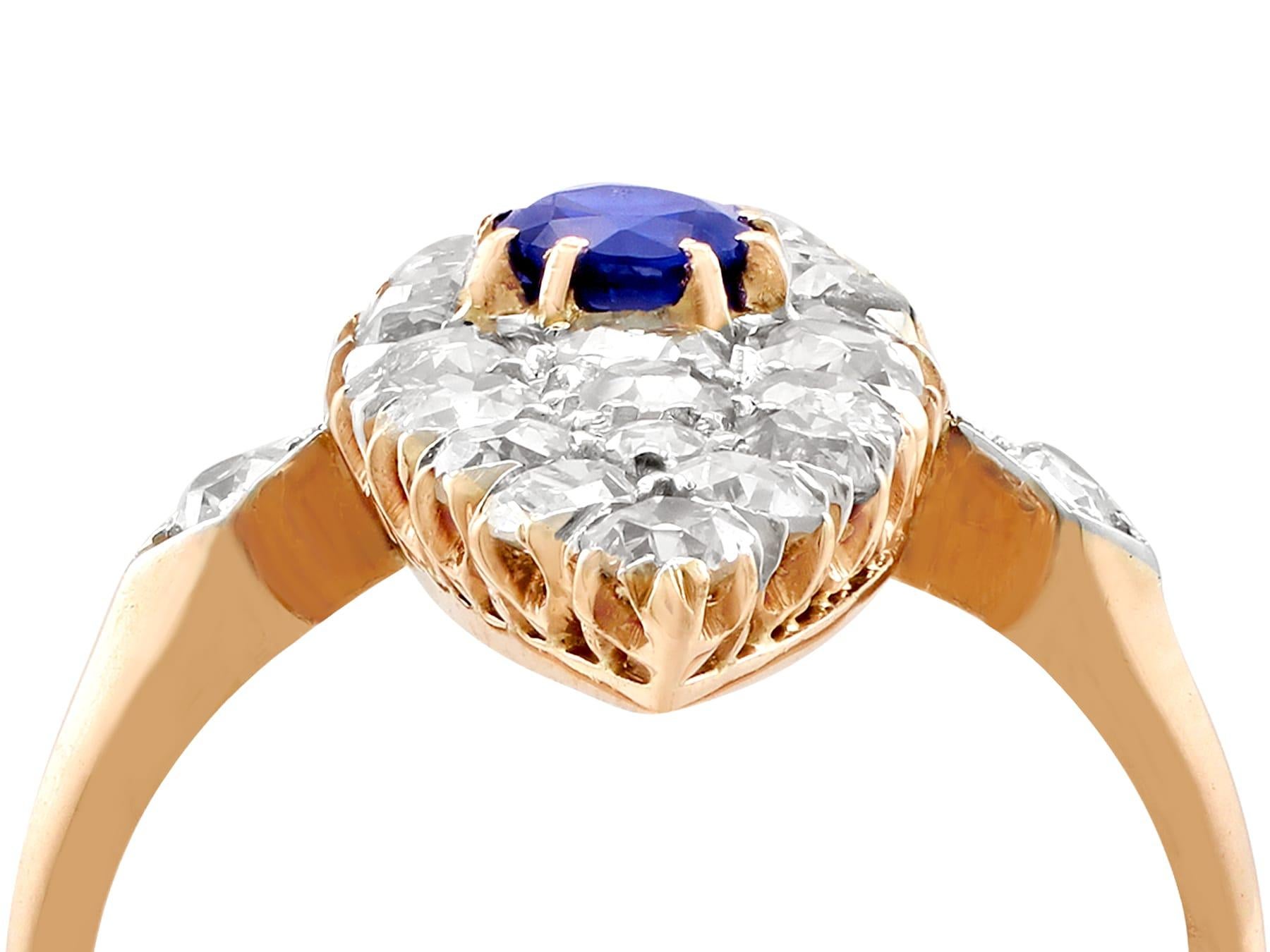 A stunning 0.42 carat sapphire and 2.92 carat diamond, 18 karat yellow gold and 18k white gold set marquise ring; part of our diverse antique jewelry collections

The stunning, fine and impressive sapphire and diamond marquise ring has been crafted