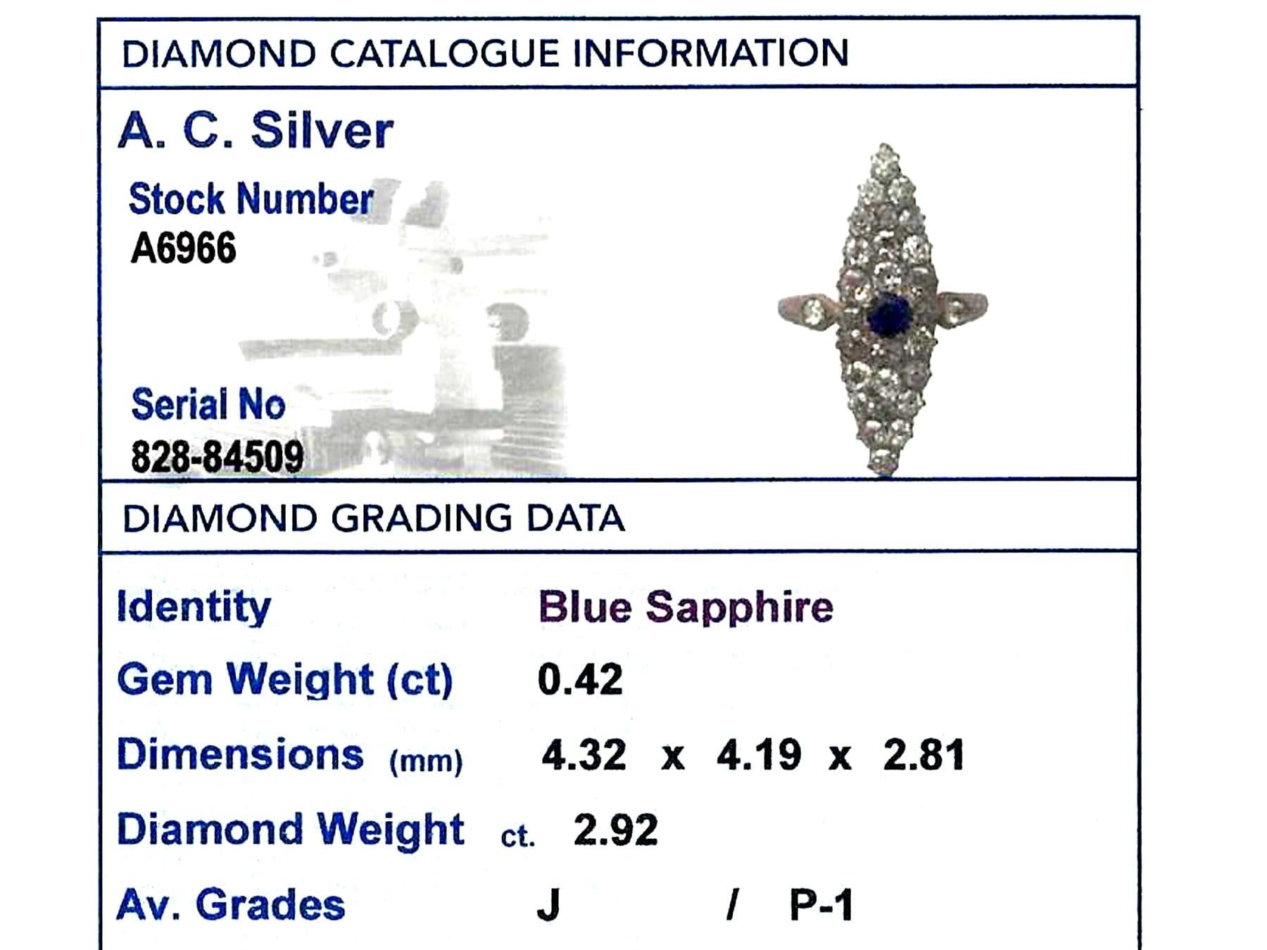 Round Cut Antique 2.92 Carat Diamond and Sapphire Yellow Gold Marquise Ring For Sale