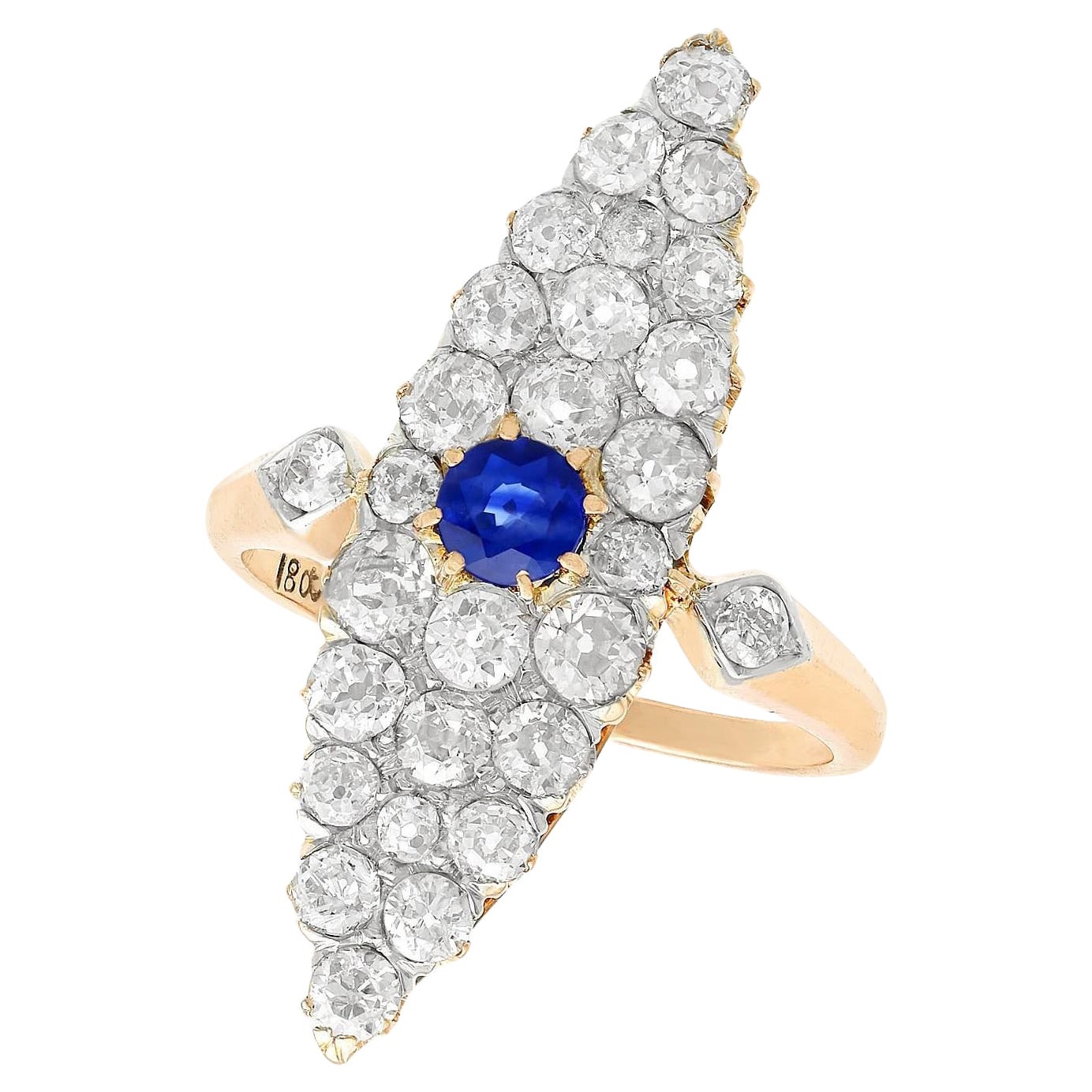 Bague marquise ancienne en or jaune avec diamants et saphirs de 2,92 carats