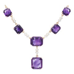 Antique 29.20 Carat Amethyst and 1.00 Carat Diamond Yellow Gold Necklace