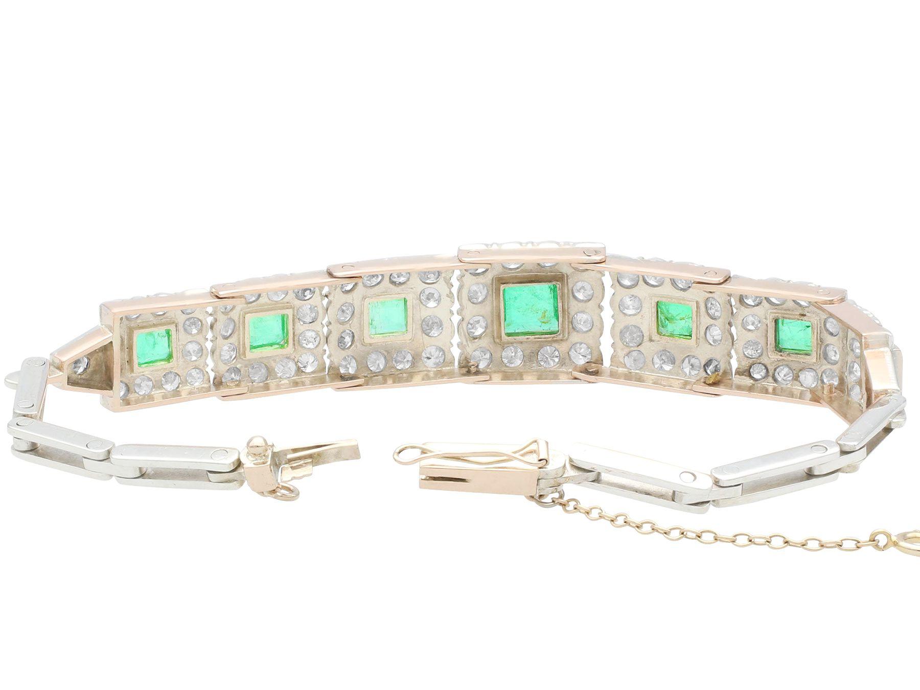 Antique 2.92ct Emerald and 4.05ct Diamond 9k Rose Gold Bracelet, circa 1910 For Sale 1
