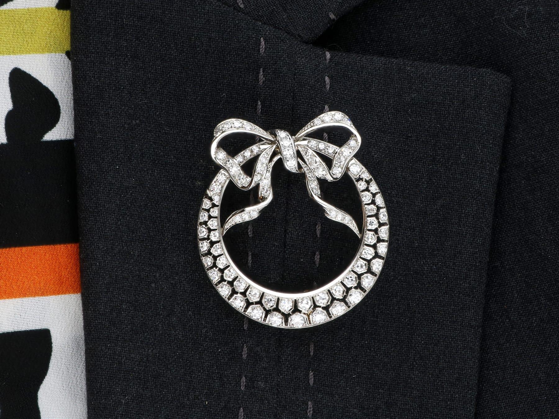Antique 2.95Ct Diamond and Platinum Crescent Bow Brooch Circa 1930 For Sale 5
