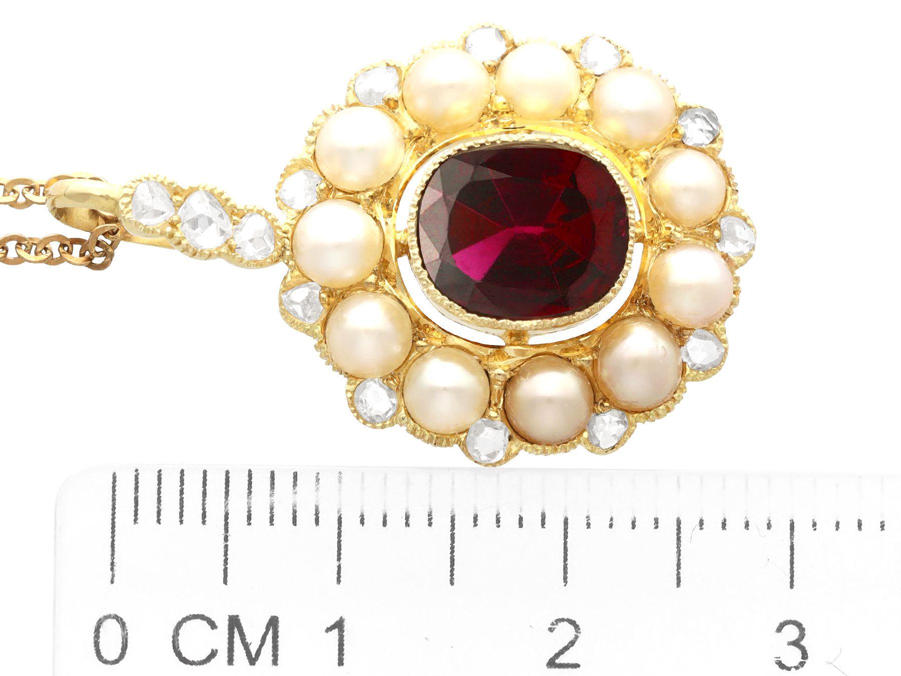 Antique 2.96Ct Garnet, Pearl and 0.72Ct Diamond, 12k Yellow Gold Pendant For Sale 1
