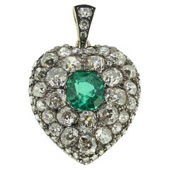Antique 2.98 Carat Natural Colombian Emerald and Diamond Pendant Brooch