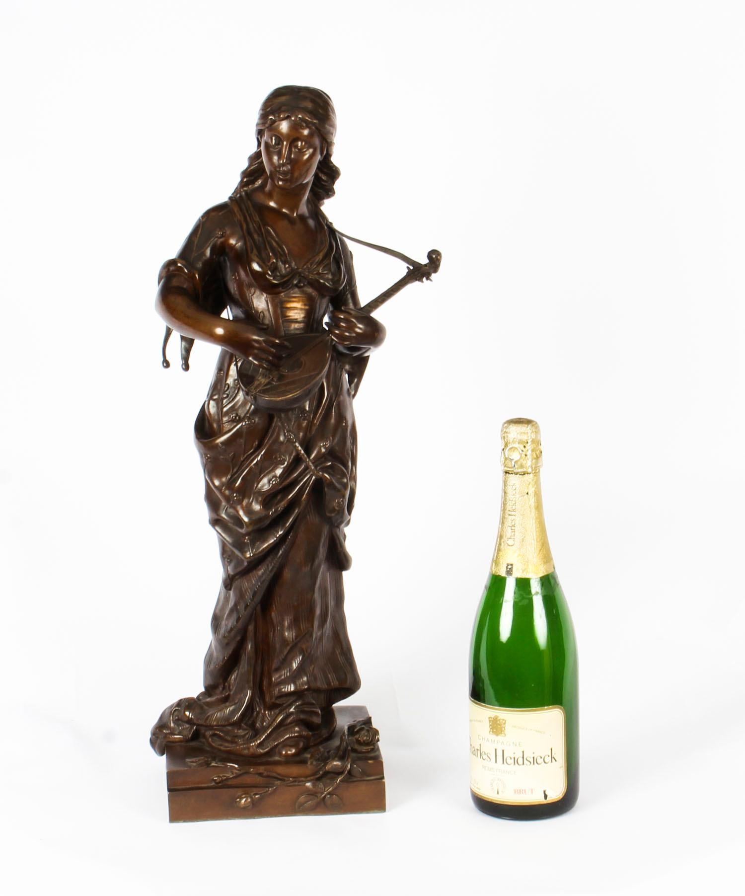 Antique Bronze Maiden Playing a Lute, by Albert Ernst Carrier, 19th Century 12