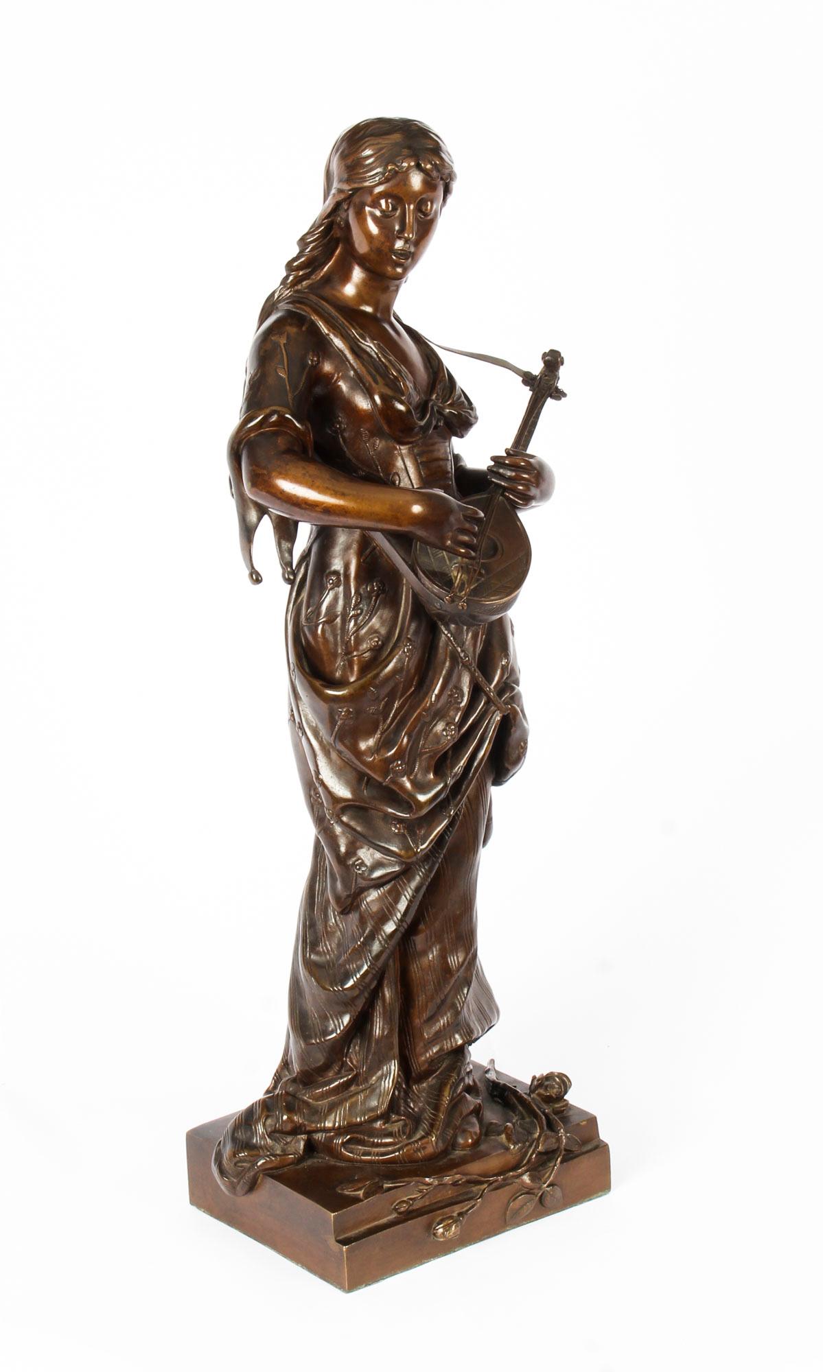 Antique Bronze Maiden Playing a Lute, by Albert Ernst Carrier, 19th Century 13