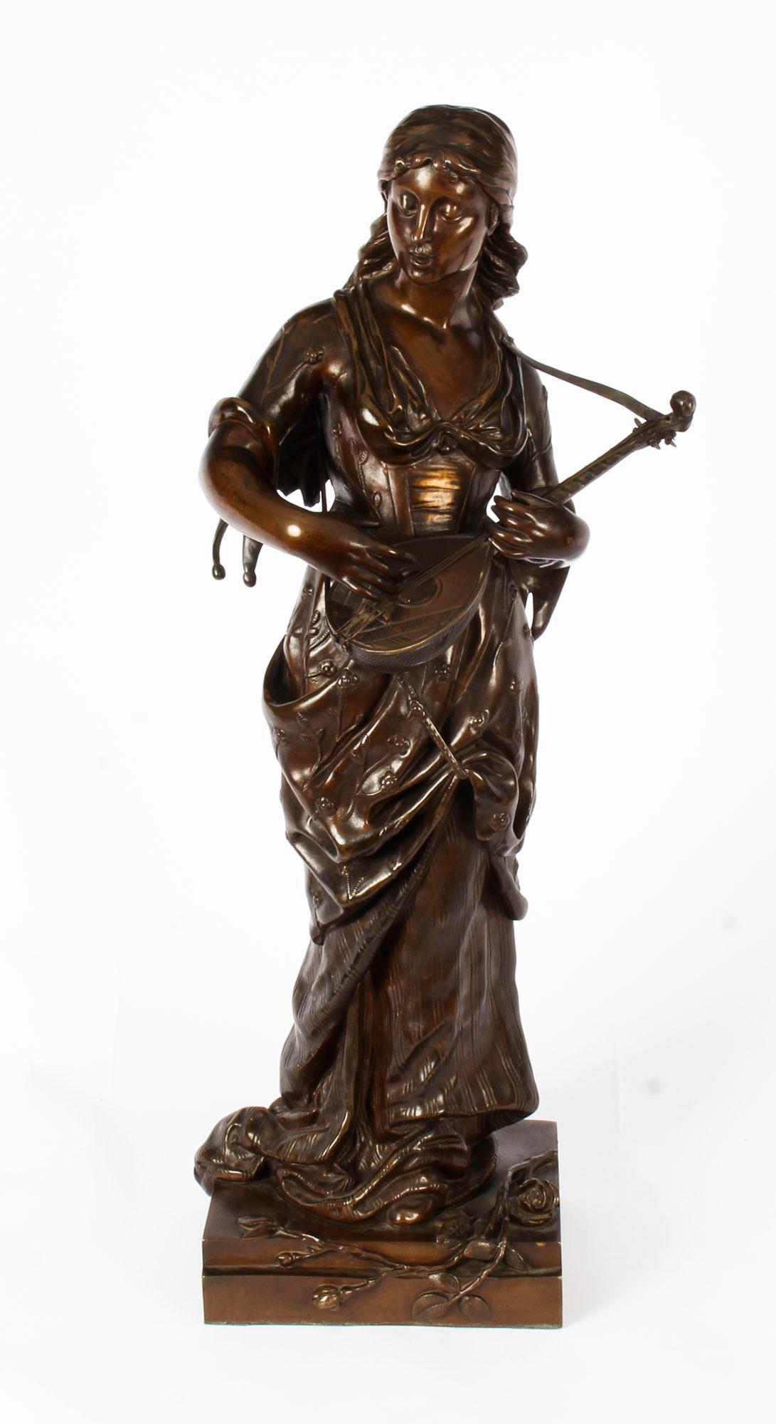 French Antique Bronze Maiden Playing a Lute, by Albert Ernst Carrier, 19th Century