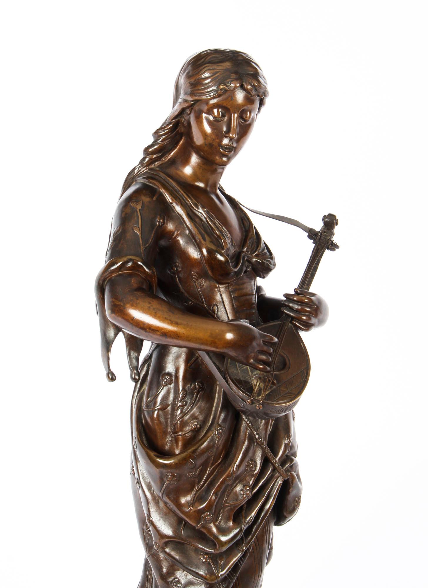 Antique Bronze Maiden Playing a Lute, by Albert Ernst Carrier, 19th Century In Good Condition In London, GB