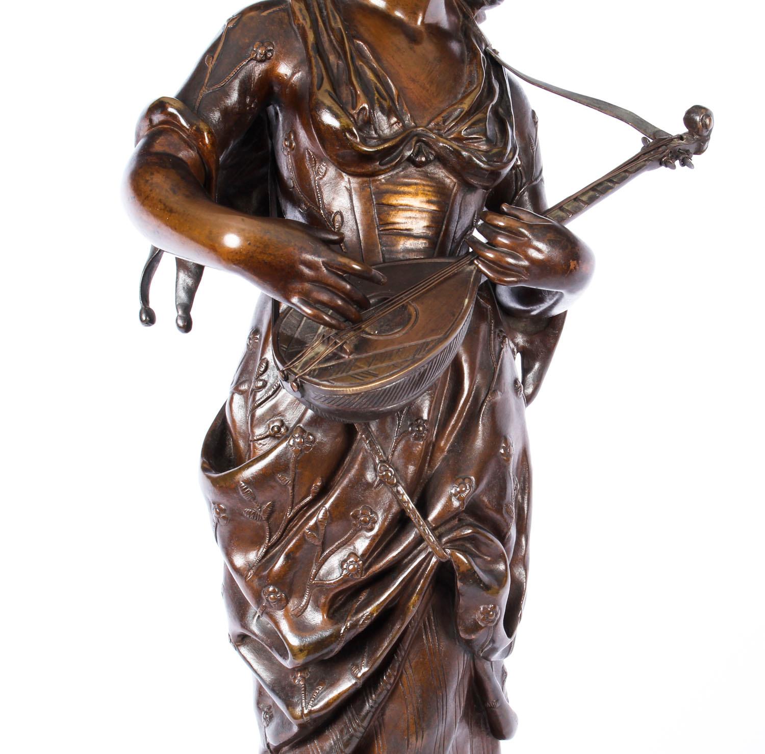 Mid-19th Century Antique Bronze Maiden Playing a Lute, by Albert Ernst Carrier, 19th Century