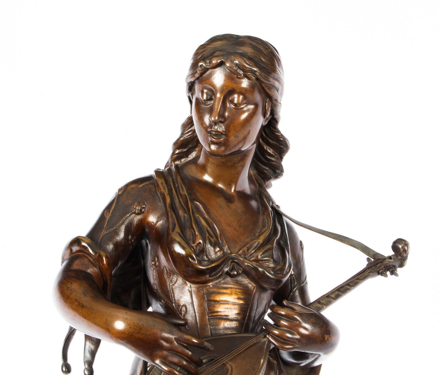 Antique Bronze Maiden Playing a Lute, by Albert Ernst Carrier, 19th Century 1