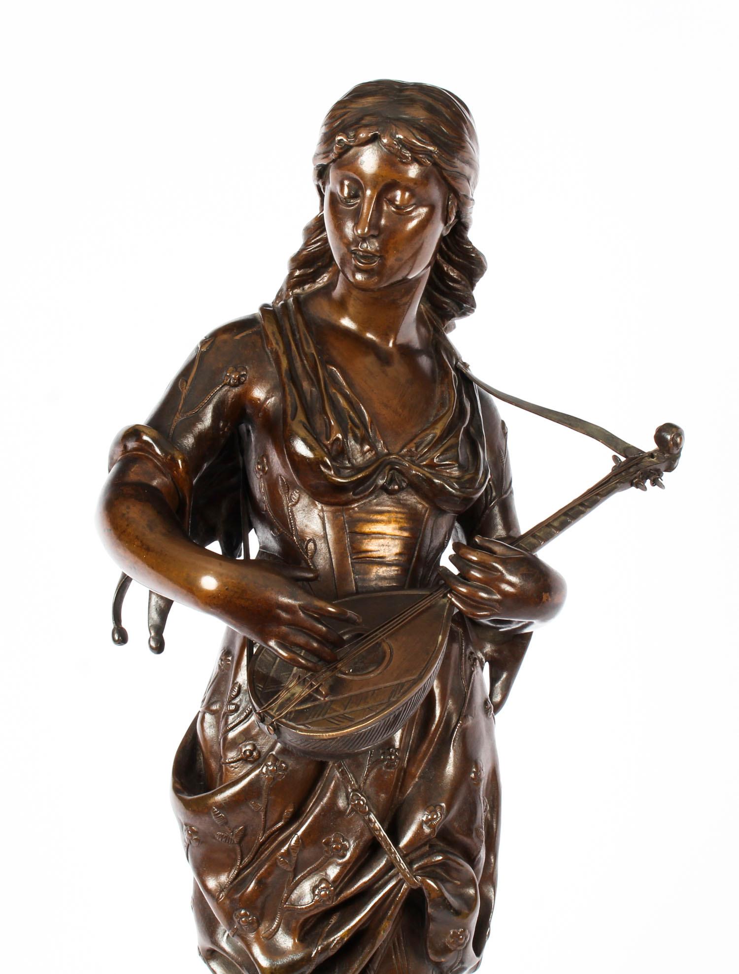 Antique Bronze Maiden Playing a Lute, by Albert Ernst Carrier, 19th Century 2