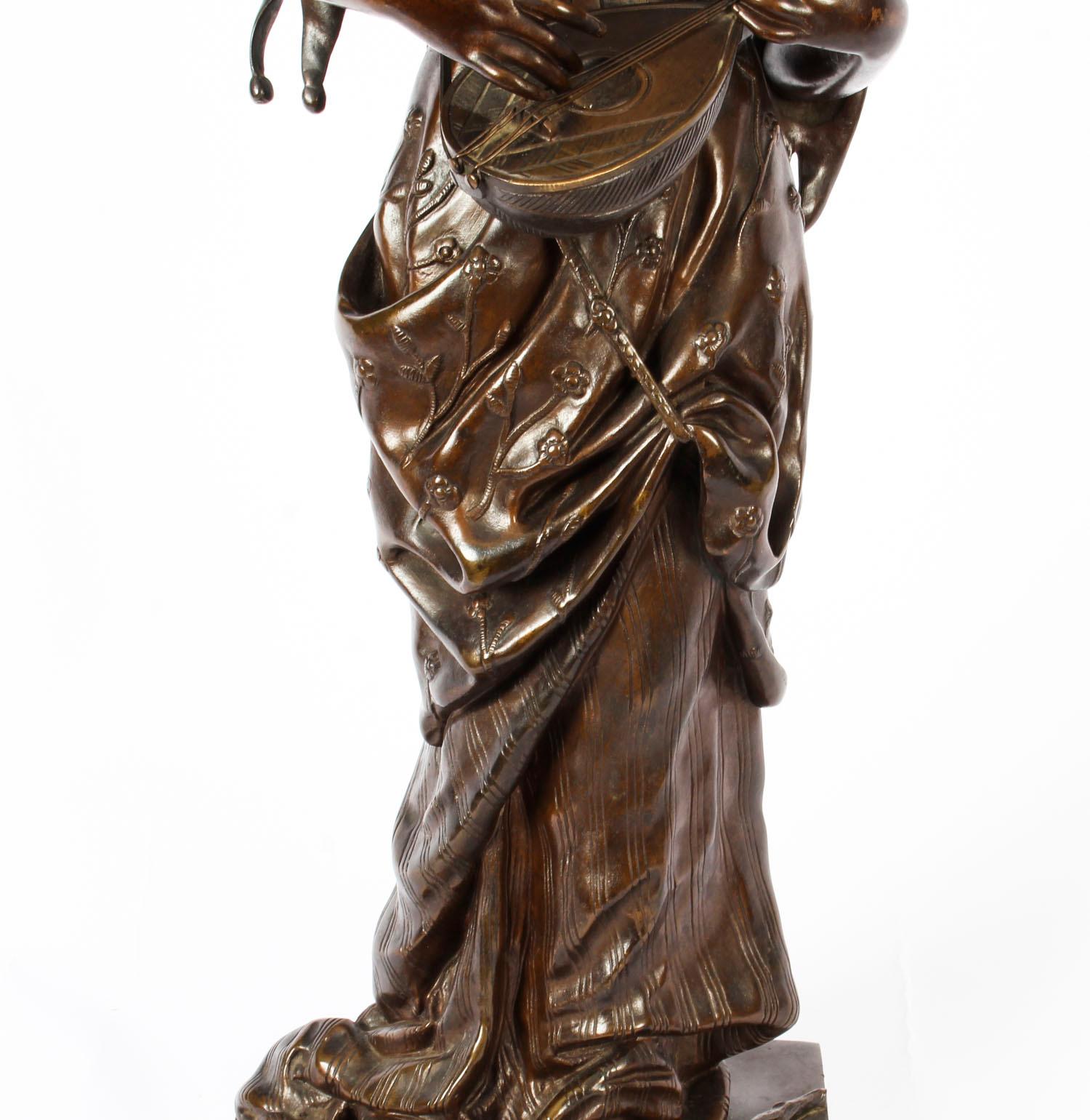 Antique Bronze Maiden Playing a Lute, by Albert Ernst Carrier, 19th Century 3