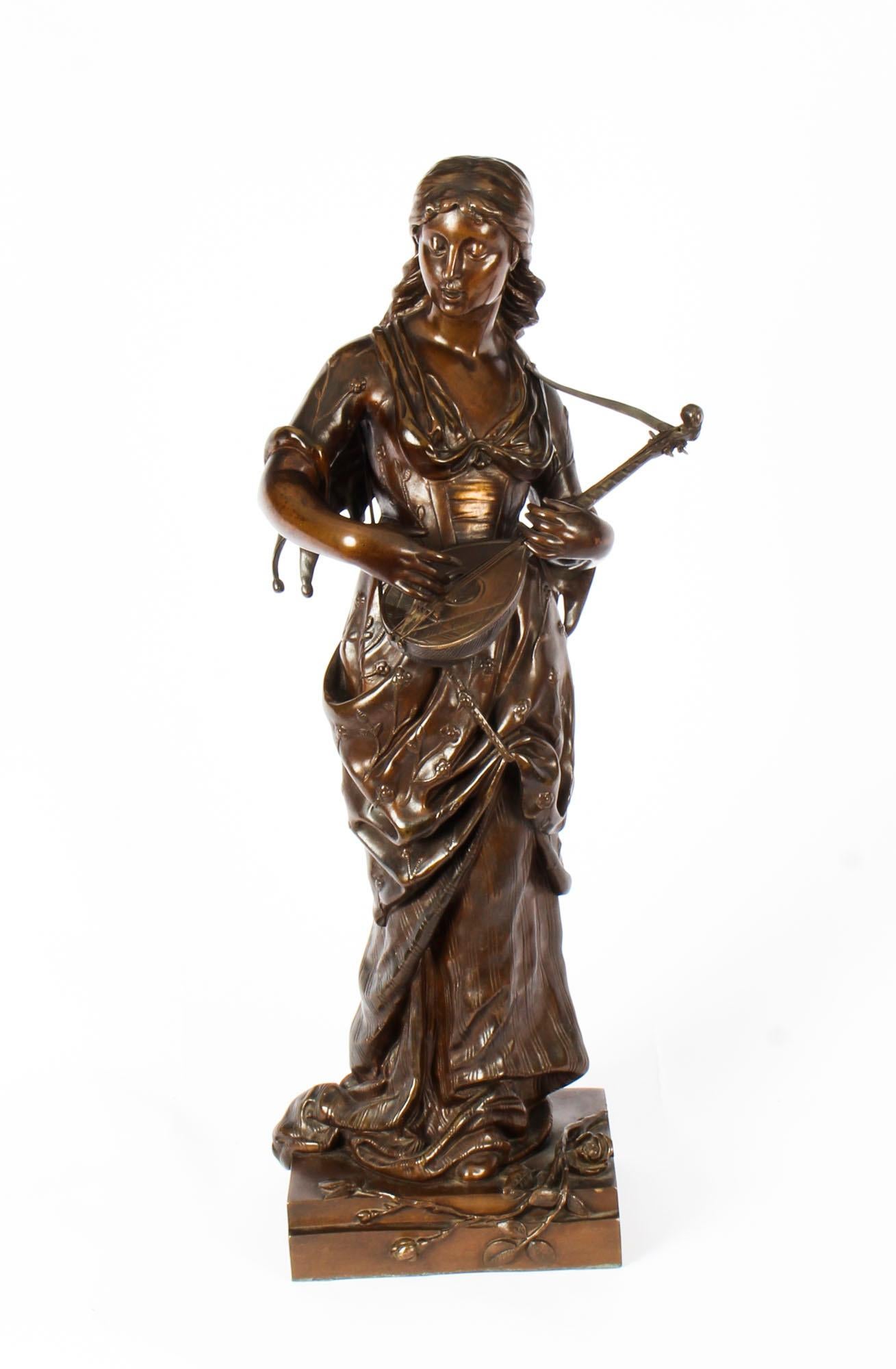 Antique Bronze Maiden Playing a Lute, by Albert Ernst Carrier, 19th Century 4