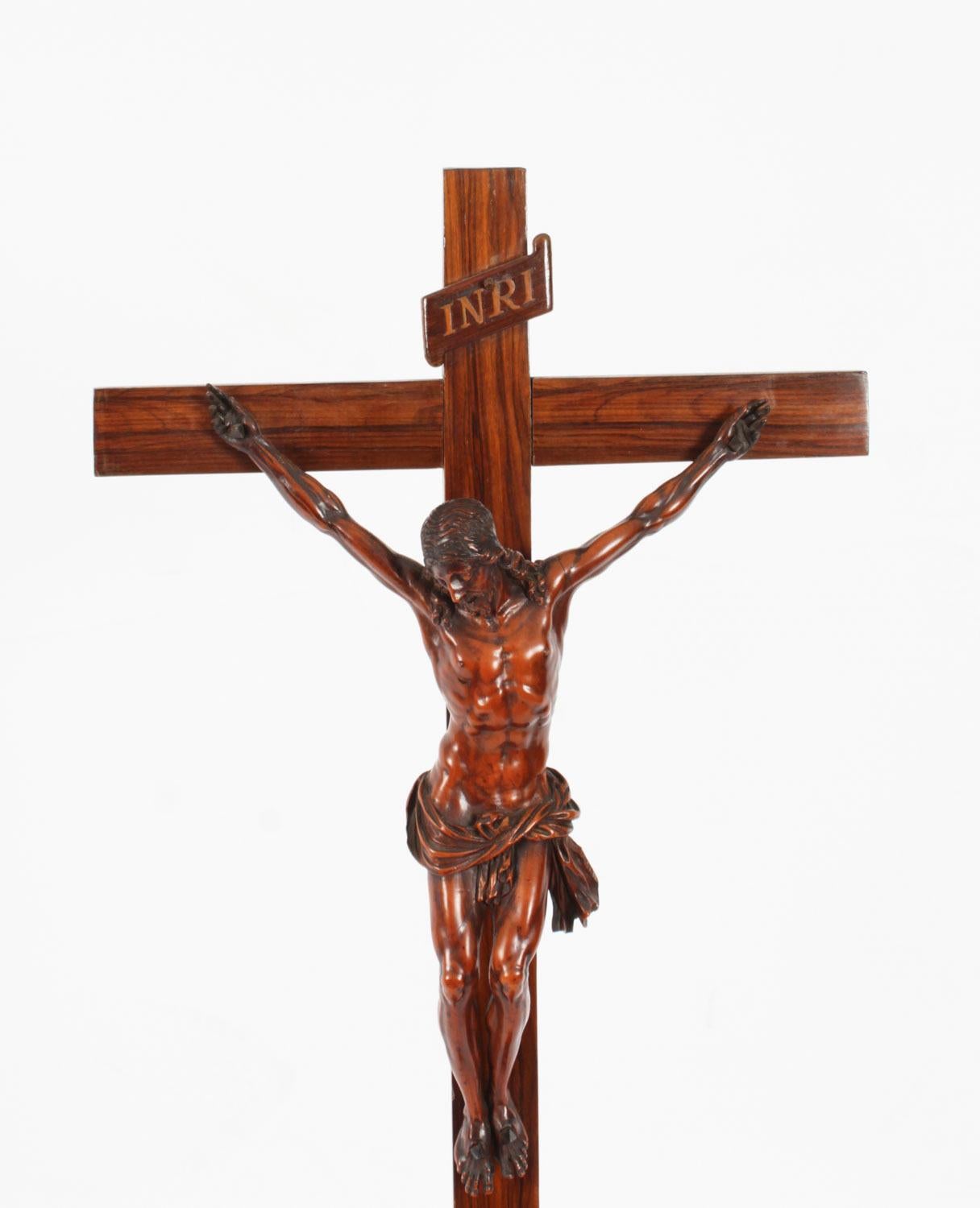 Patinated Antique 2ft French Box Wood Corpus Christi Olive Wood Cross & Base 17th Century For Sale