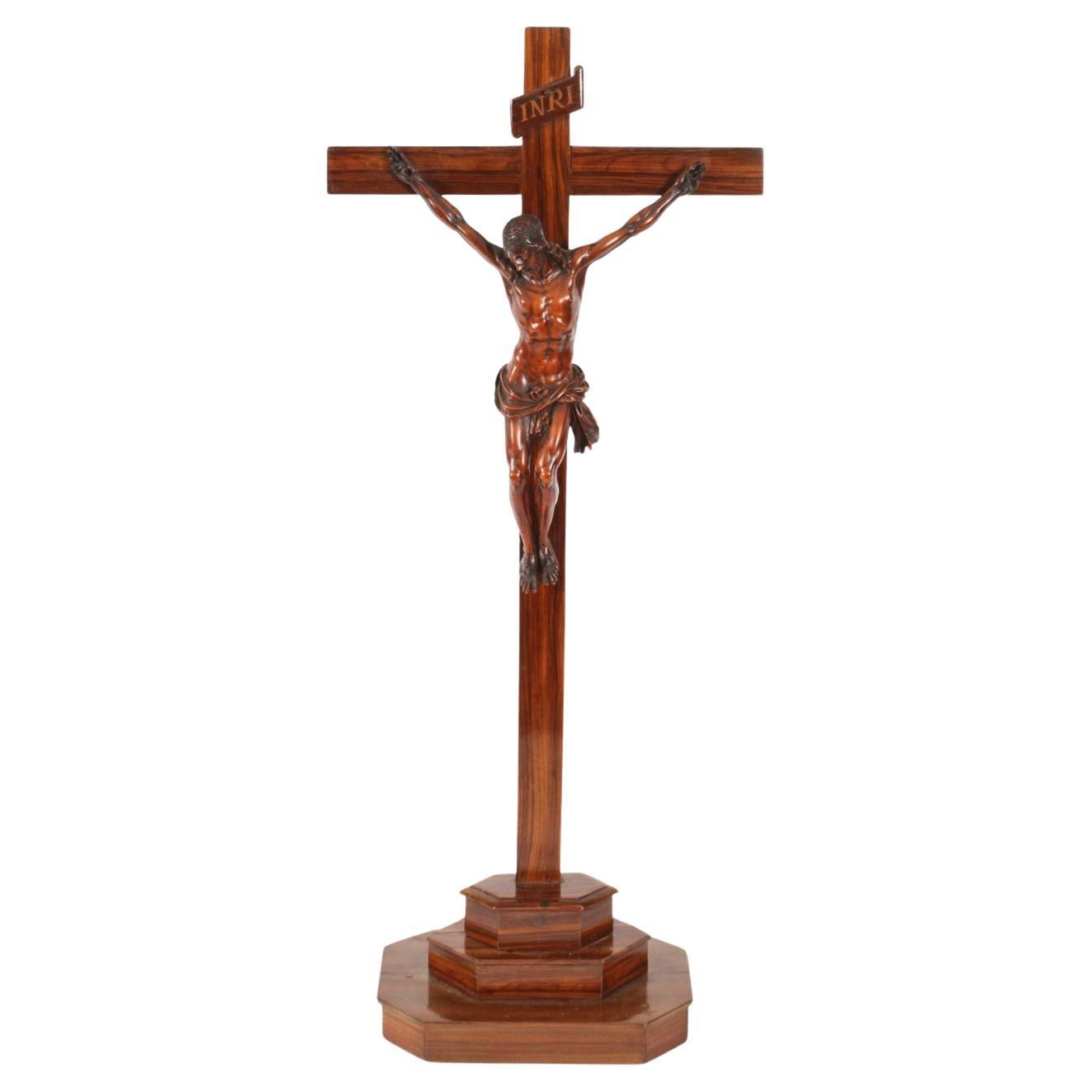Antique 2ft French Box Wood Corpus Christi Olive Wood Cross & Base 17th Century