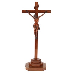 Antique French 2ft Box Wood Corpus Christi's Olive Wood Cross & Base 17° Secolo