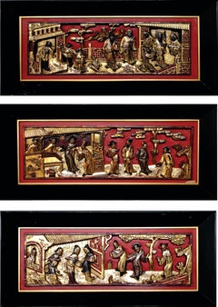 Antique 3 Architectural Panels of Chinese Carved Gilt Statue Group