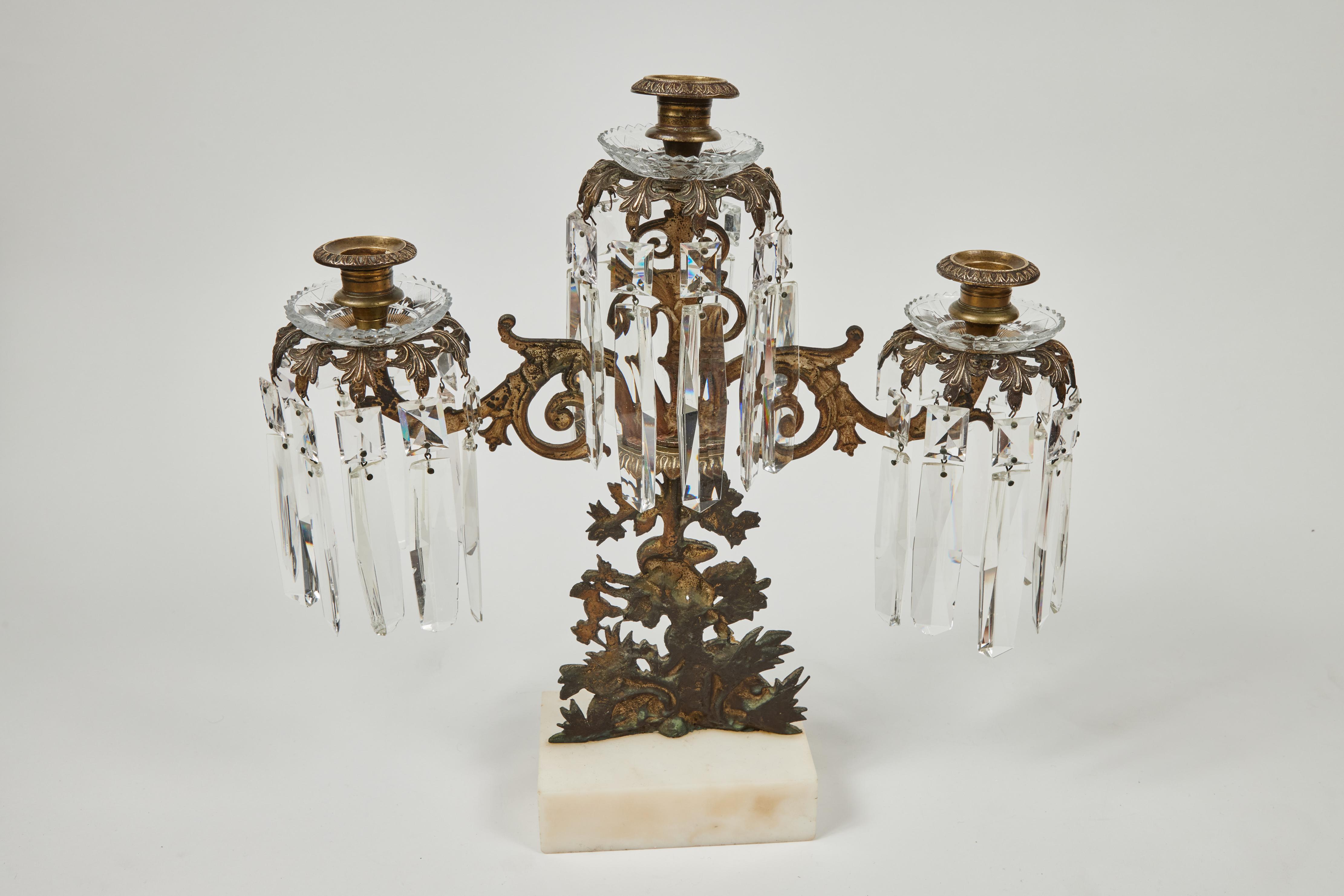 Antique 3-Arm Candelabra w/ Marble Base + Crystal Prisms 4