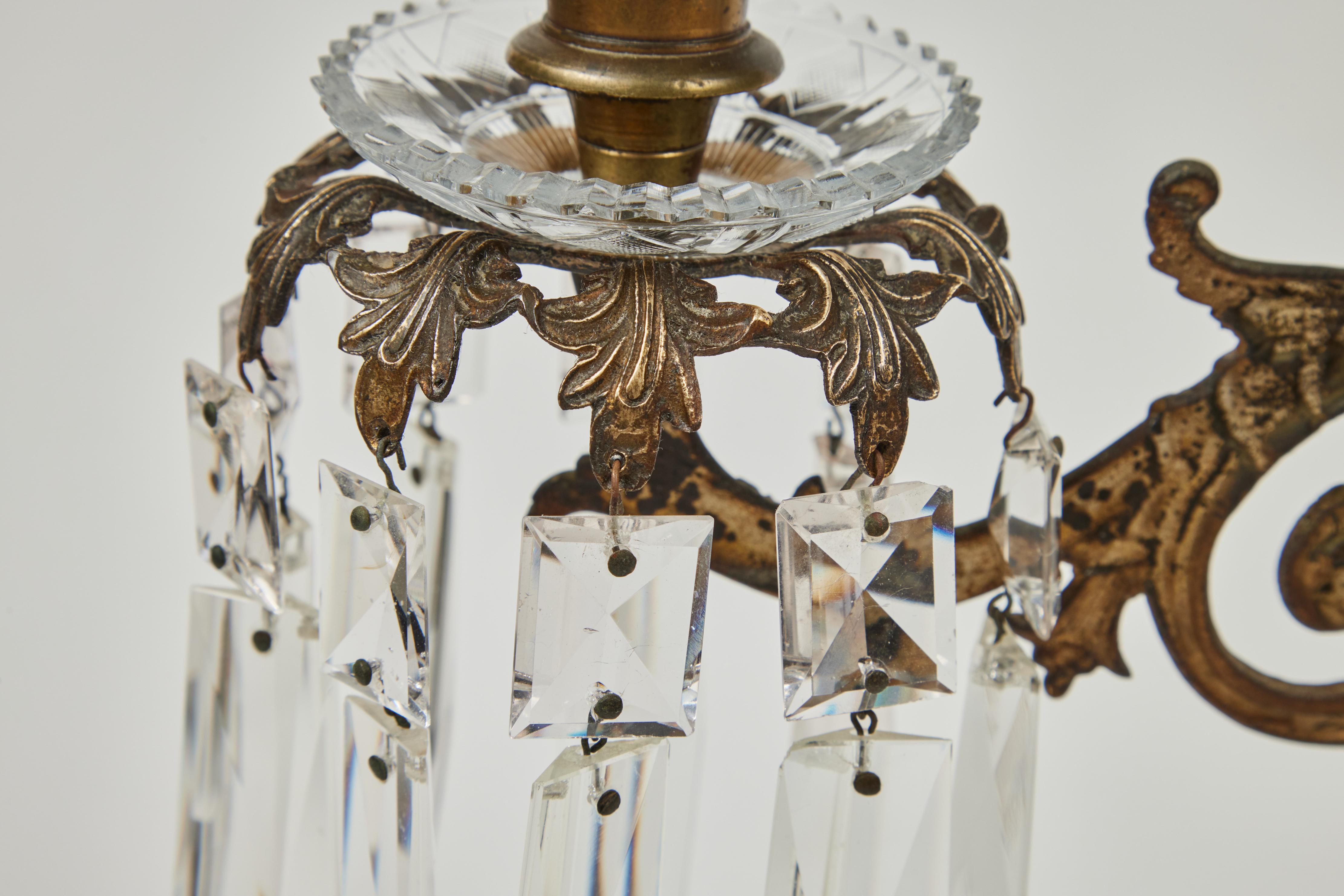 Antique 3-Arm Candelabra w/ Marble Base + Crystal Prisms 5