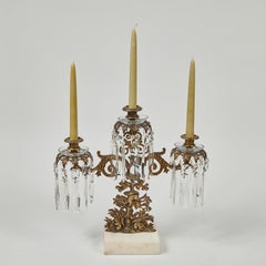Antique 3-Arm Candelabra w/ Marble Base + Crystal Prisms