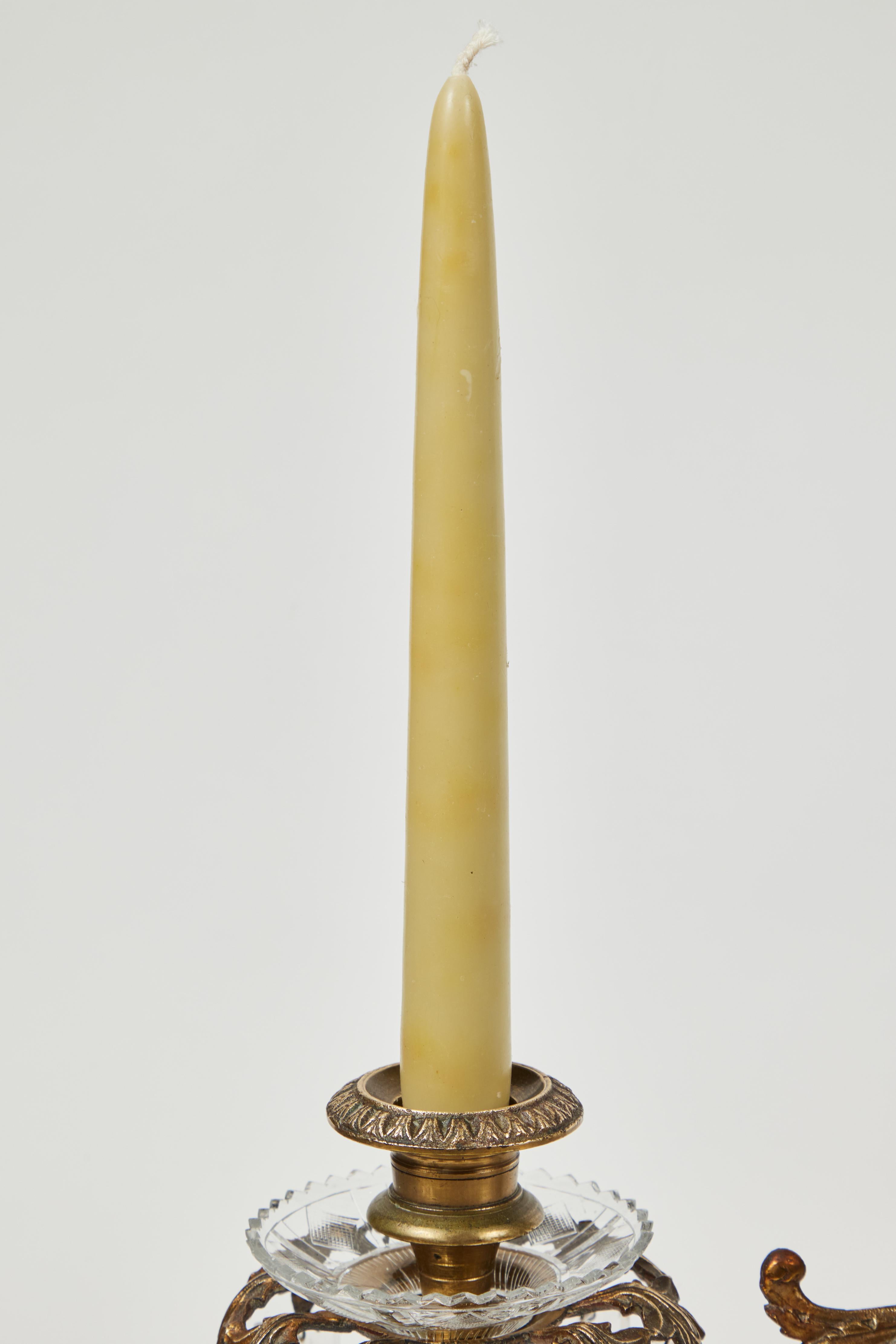 Antique 3-Arm Candelabra w/ Marble Base + Crystal Prisms In Good Condition In Pasadena, CA