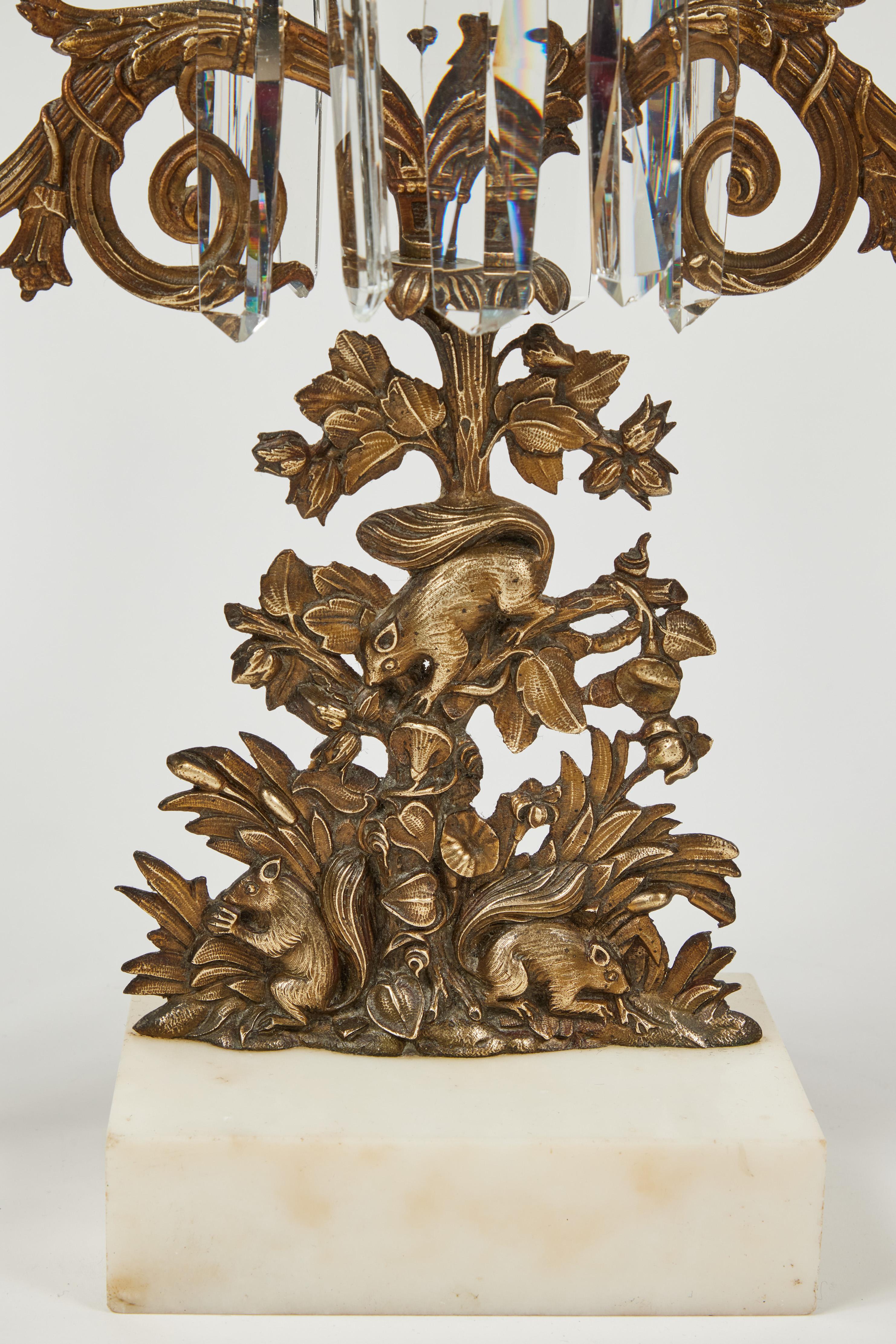 20th Century Antique 3-Arm Candelabra w/ Marble Base + Crystal Prisms