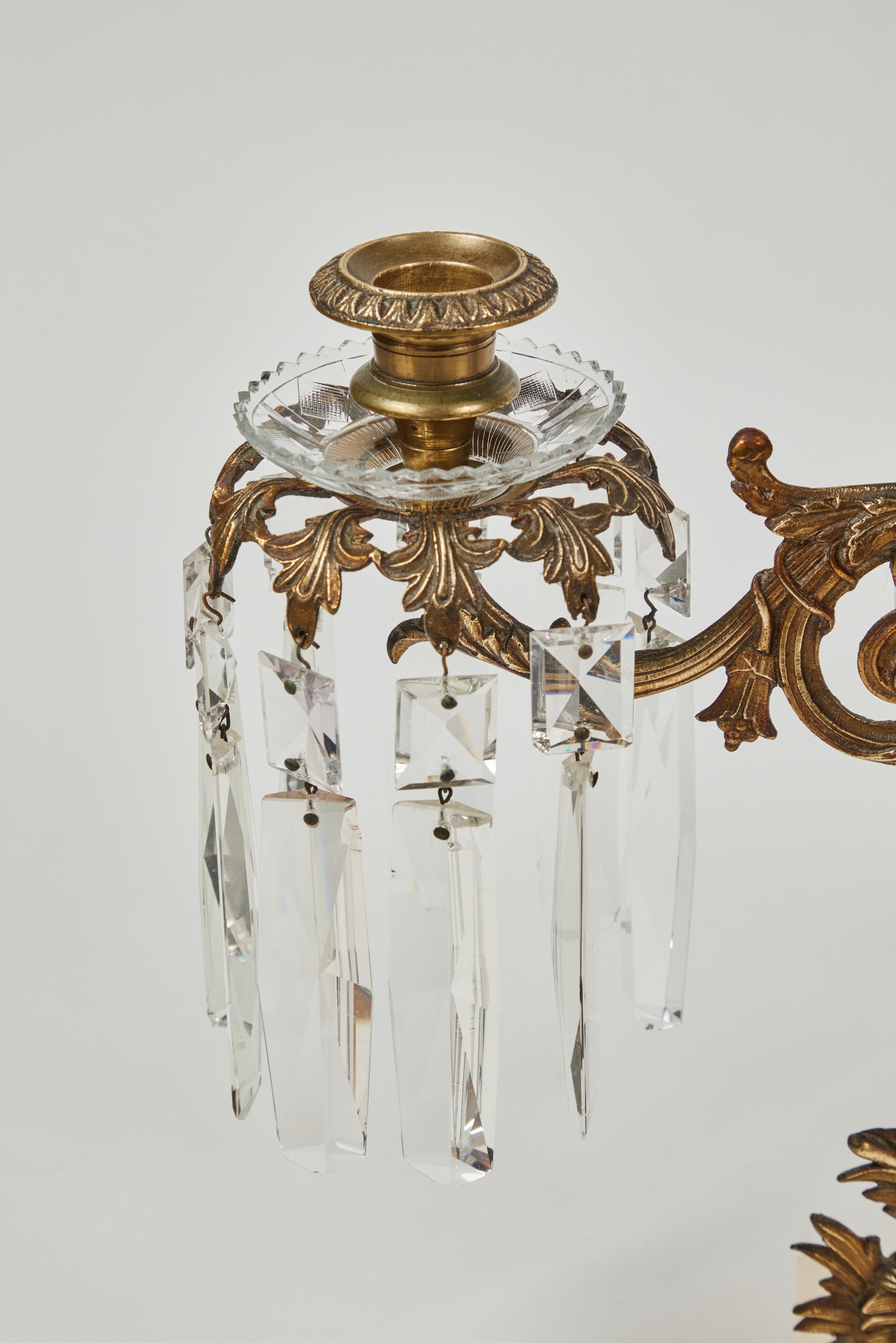 Brass Antique 3-Arm Candelabra w/ Marble Base + Crystal Prisms