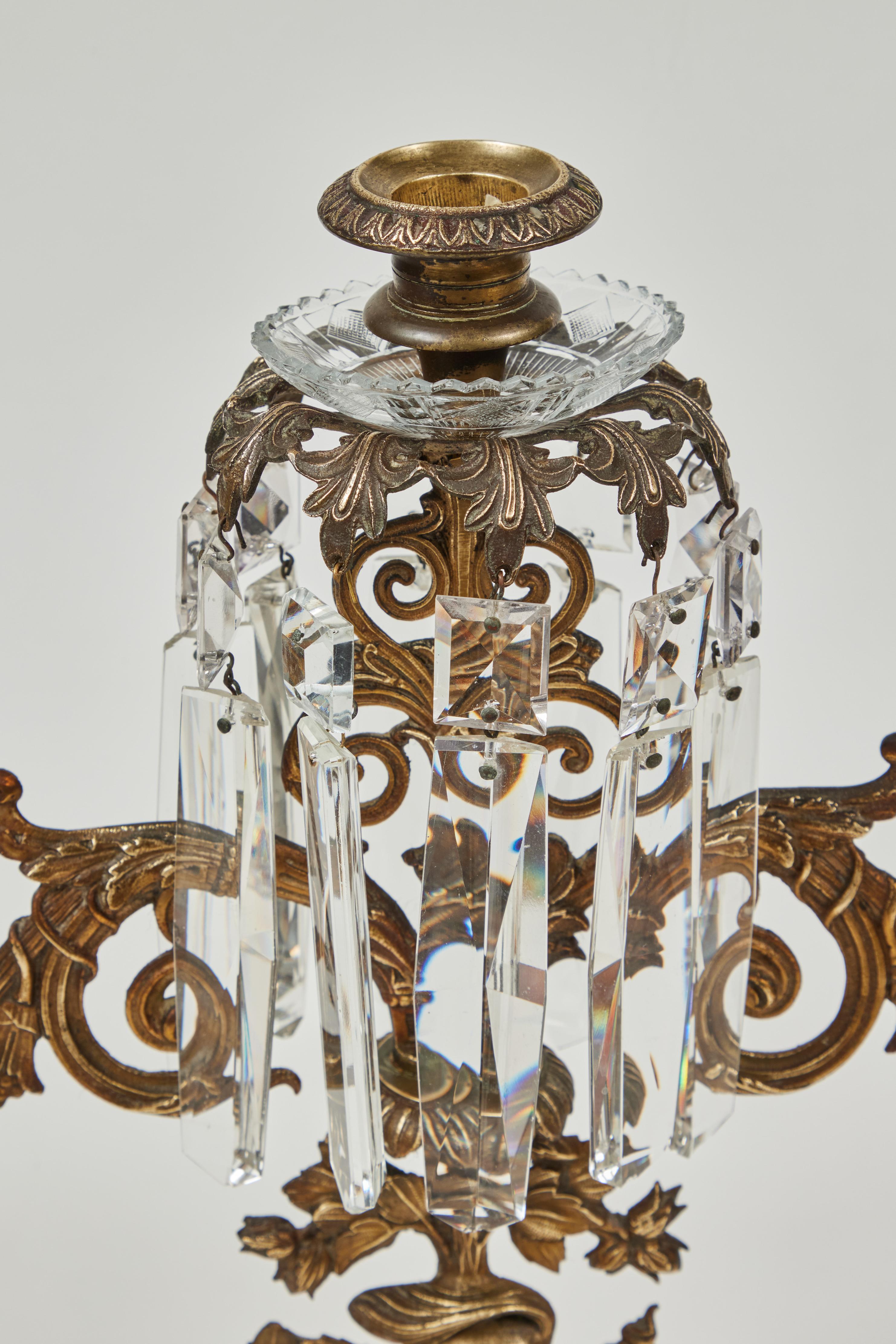 Antique 3-Arm Candelabra w/ Marble Base + Crystal Prisms 1