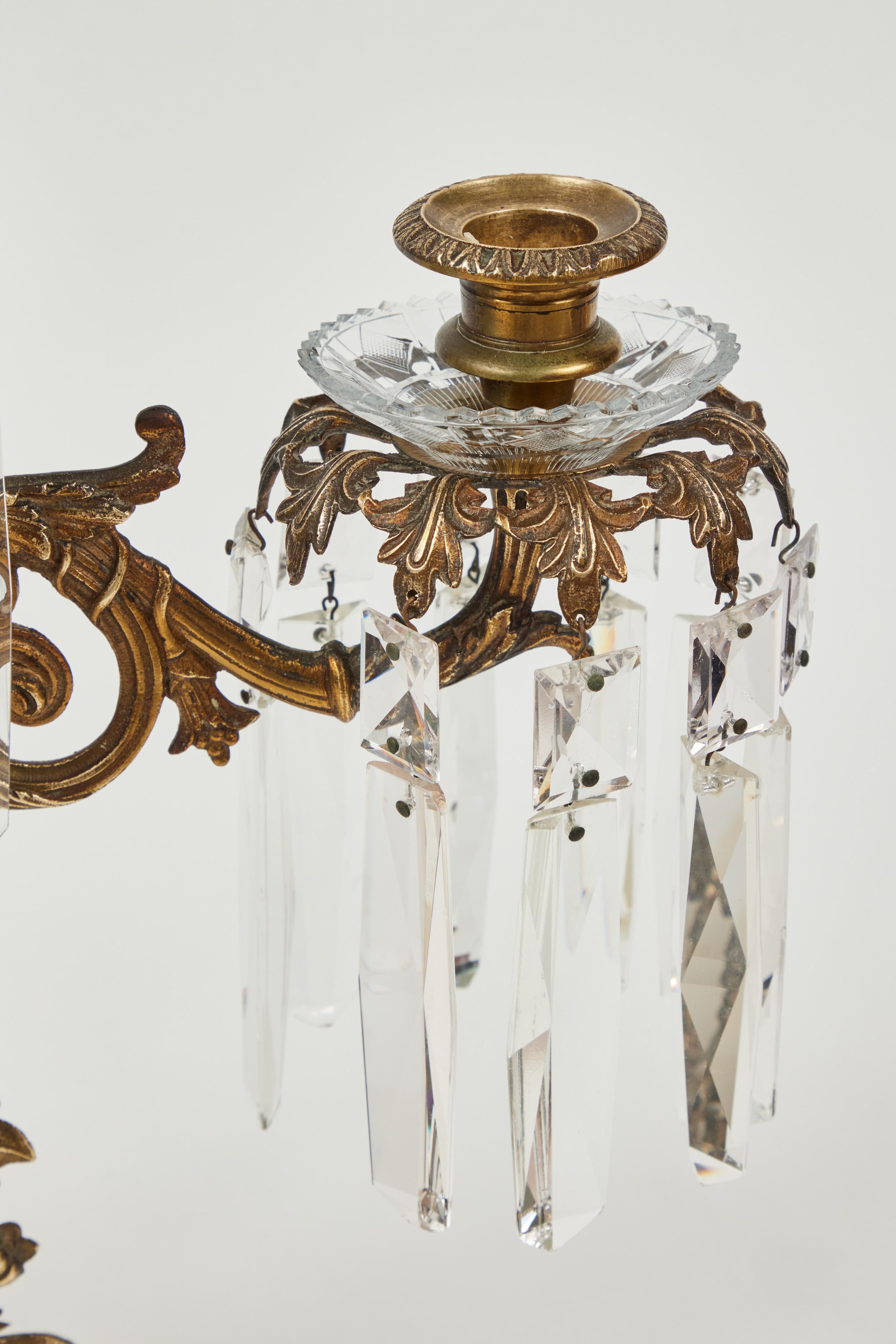 Antique 3-Arm Candelabra w/ Marble Base + Crystal Prisms 2
