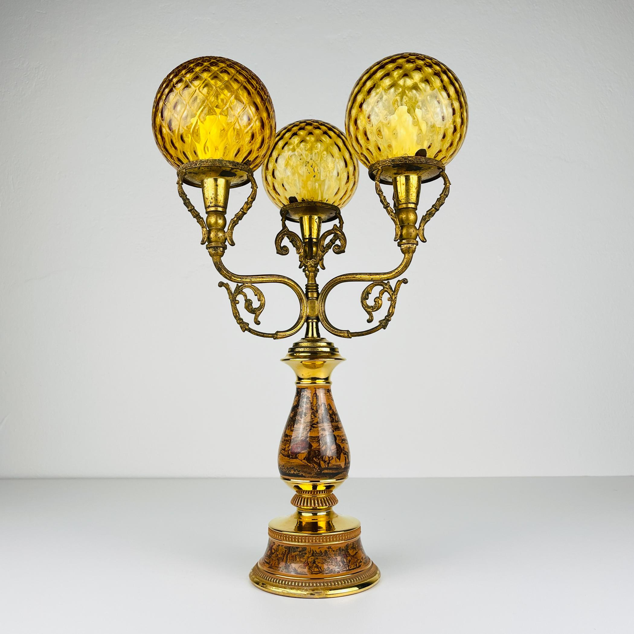 Antique 3 arm table lamp Hunting by C. Florentine, Italy 1950s For Sale 5