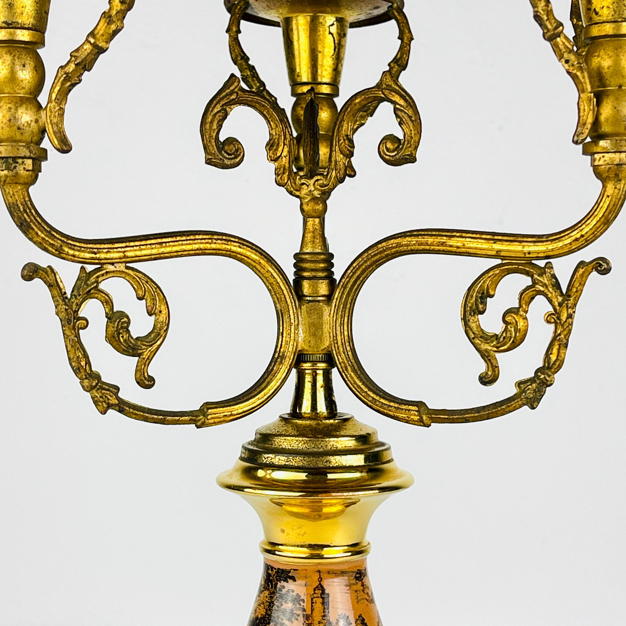 Mid-Century Modern Antique 3 arm table lamp Hunting by C. Florentine, Italy 1950s For Sale