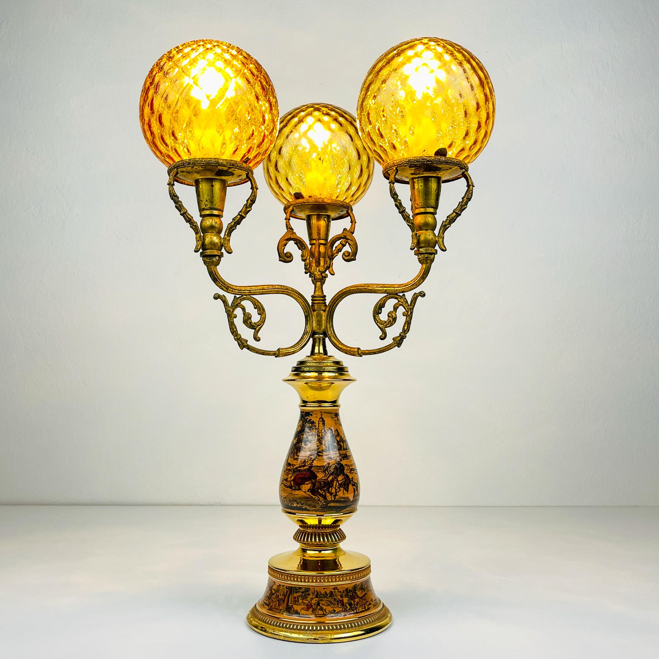 Antique 3 arm table lamp Hunting by C. Florentine, Italy 1950s In Good Condition For Sale In Miklavž Pri Taboru, SI