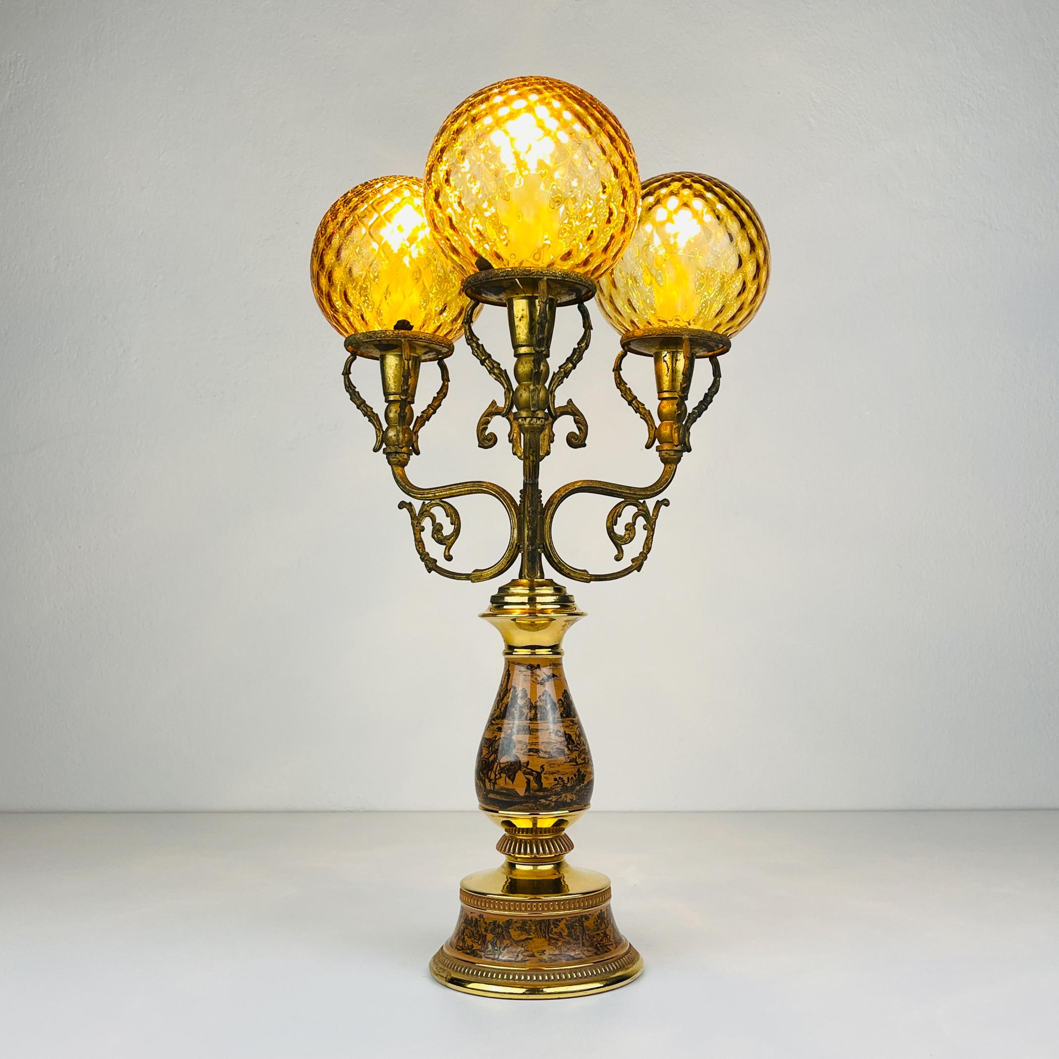Bronze Antique 3 arm table lamp Hunting by C. Florentine, Italy 1950s For Sale