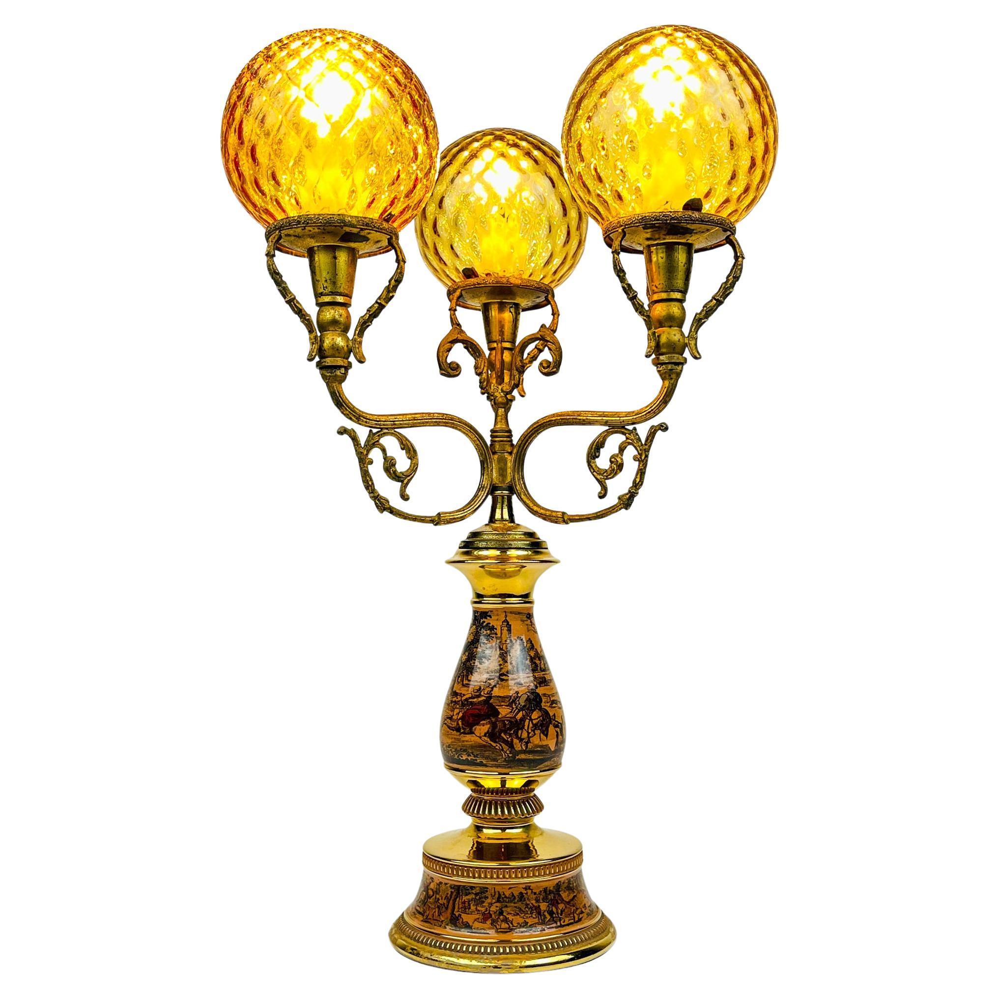 Antike 3-Arm-Tischlampe für die Jagd von C. Florentine, Italien 1950er Jahre