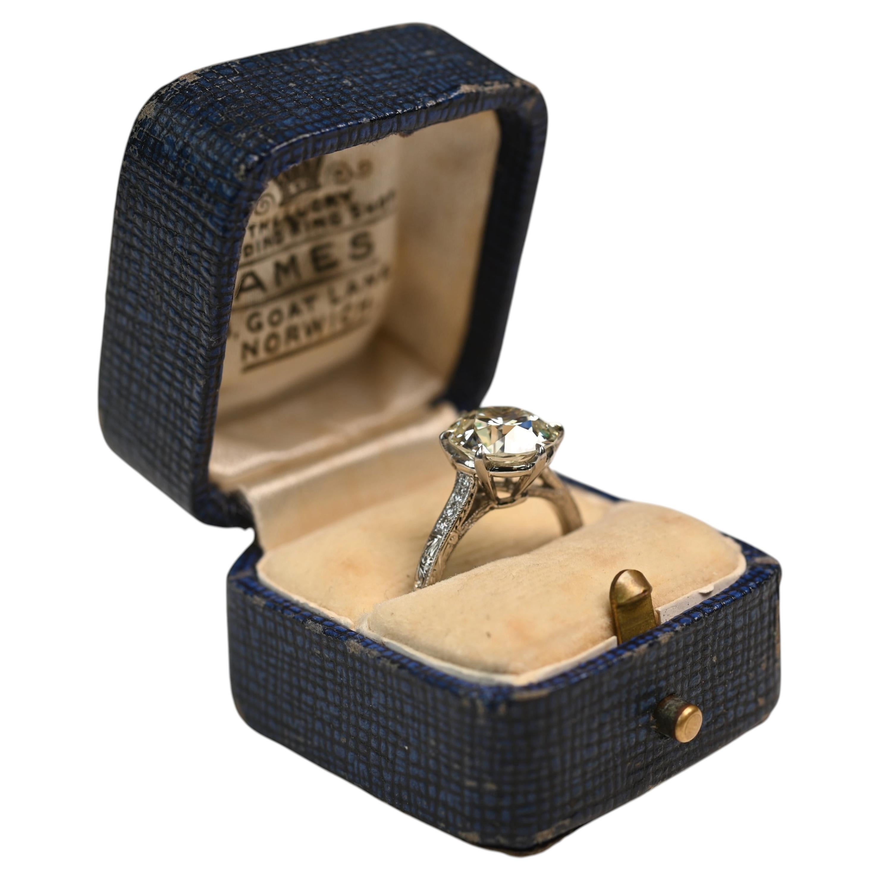 Antique 3 Carat Engagement Ring. GIA Old Euro Cut Diamond Platinum Engraved LVS2
