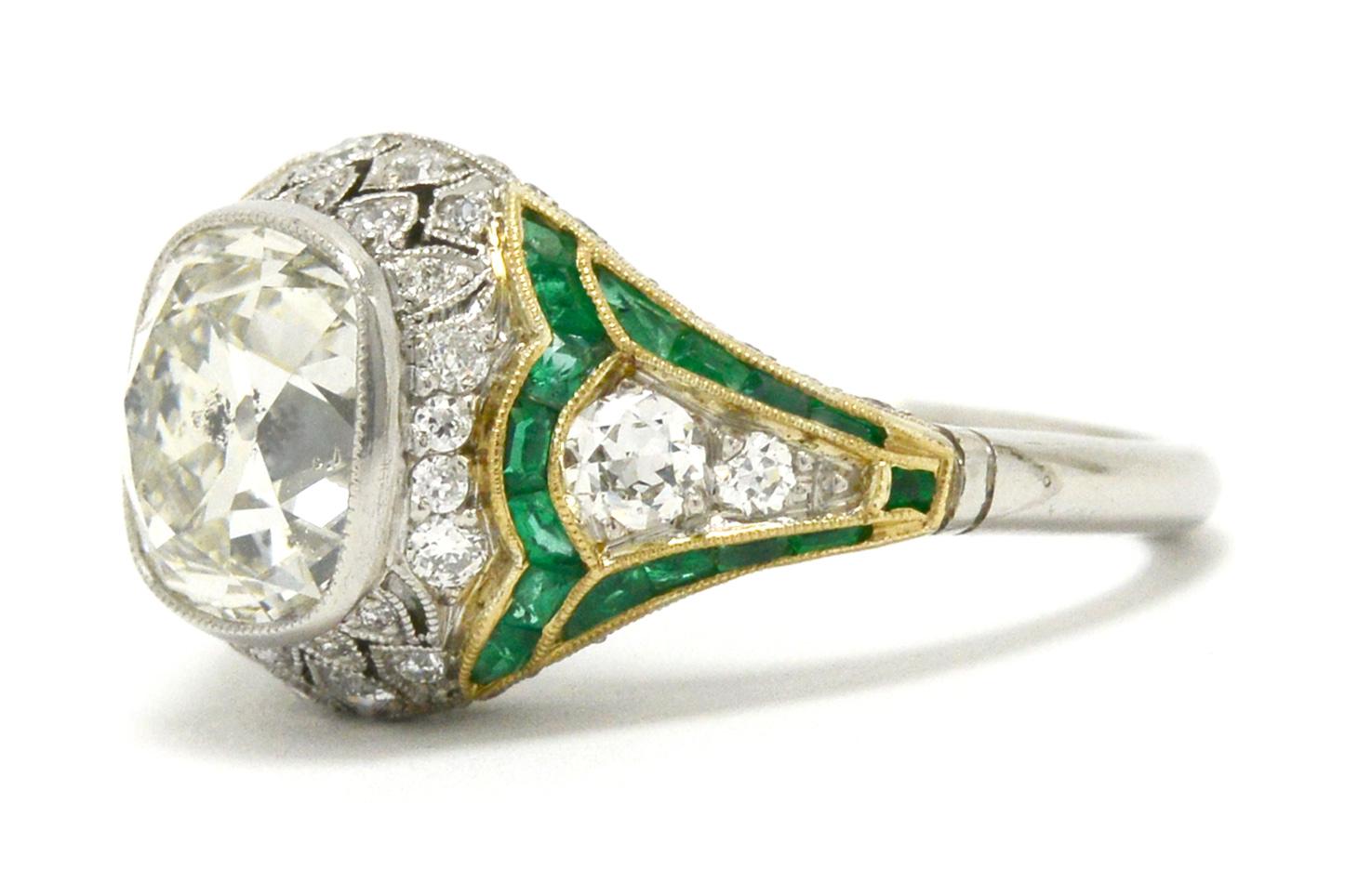 Old Mine Cut Antique 3 Carat Old Mine Diamond Engagement Ring Art Deco Style Emerald Accents