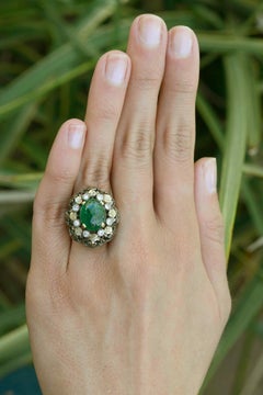 Antique 3 Carat Oval Emerald Dome Cocktail Ring Cabochon Filigree Flower Cluster