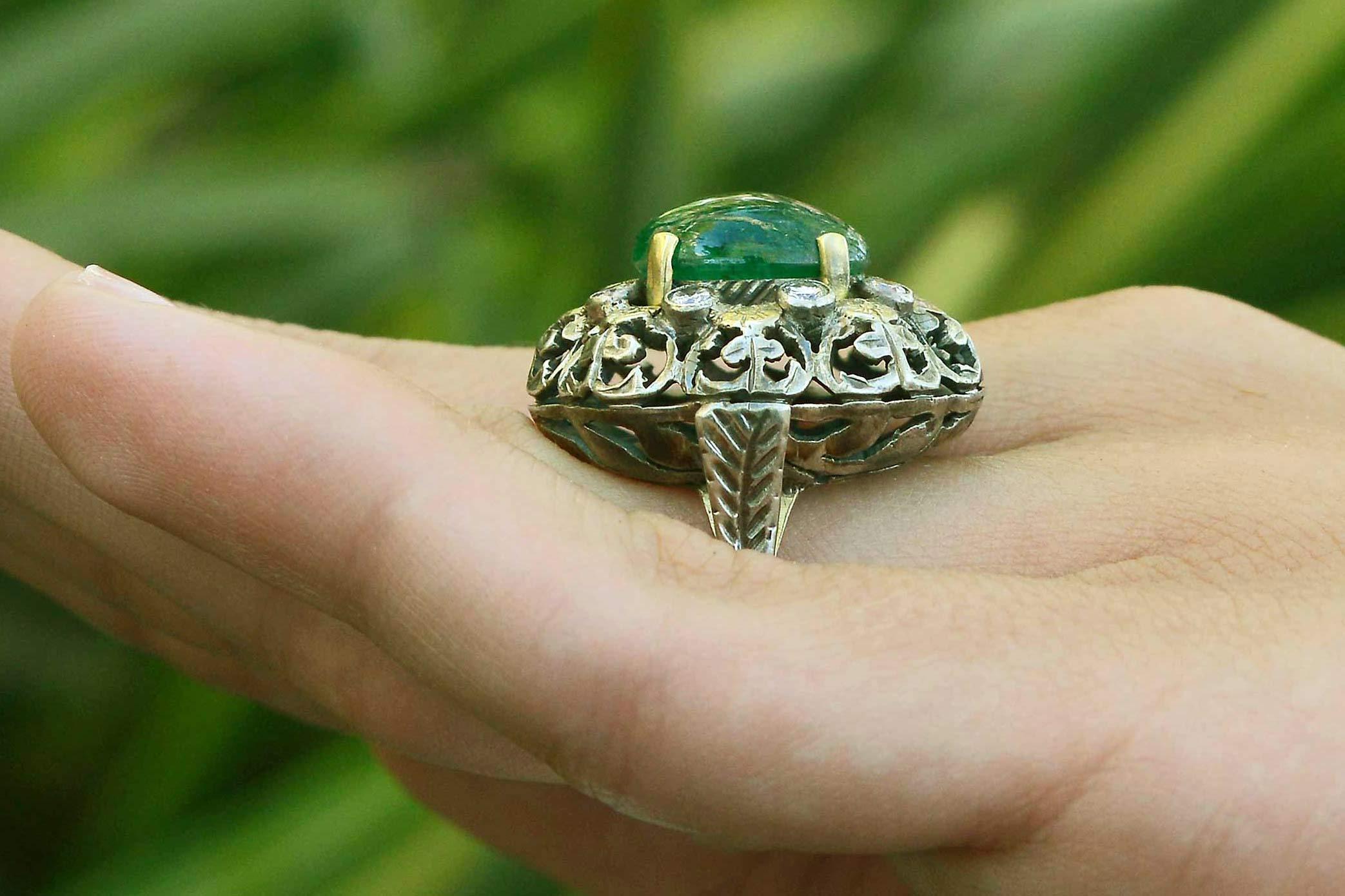 Victorian Antique 3 Carat Oval Emerald Dome Cocktail Ring Cabochon Filigree Flower Cluster