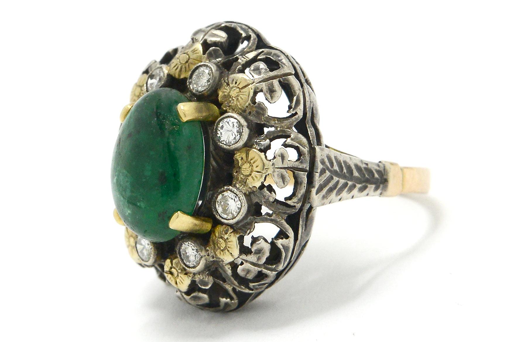 Antique 3 Carat Oval Emerald Dome Cocktail Ring Cabochon Filigree Flower Cluster In Good Condition In Santa Barbara, CA