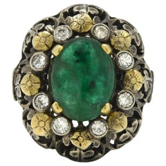 Antique 3 Carat Oval Emerald Dome Cocktail Ring Cabochon Filigree Flower Cluster