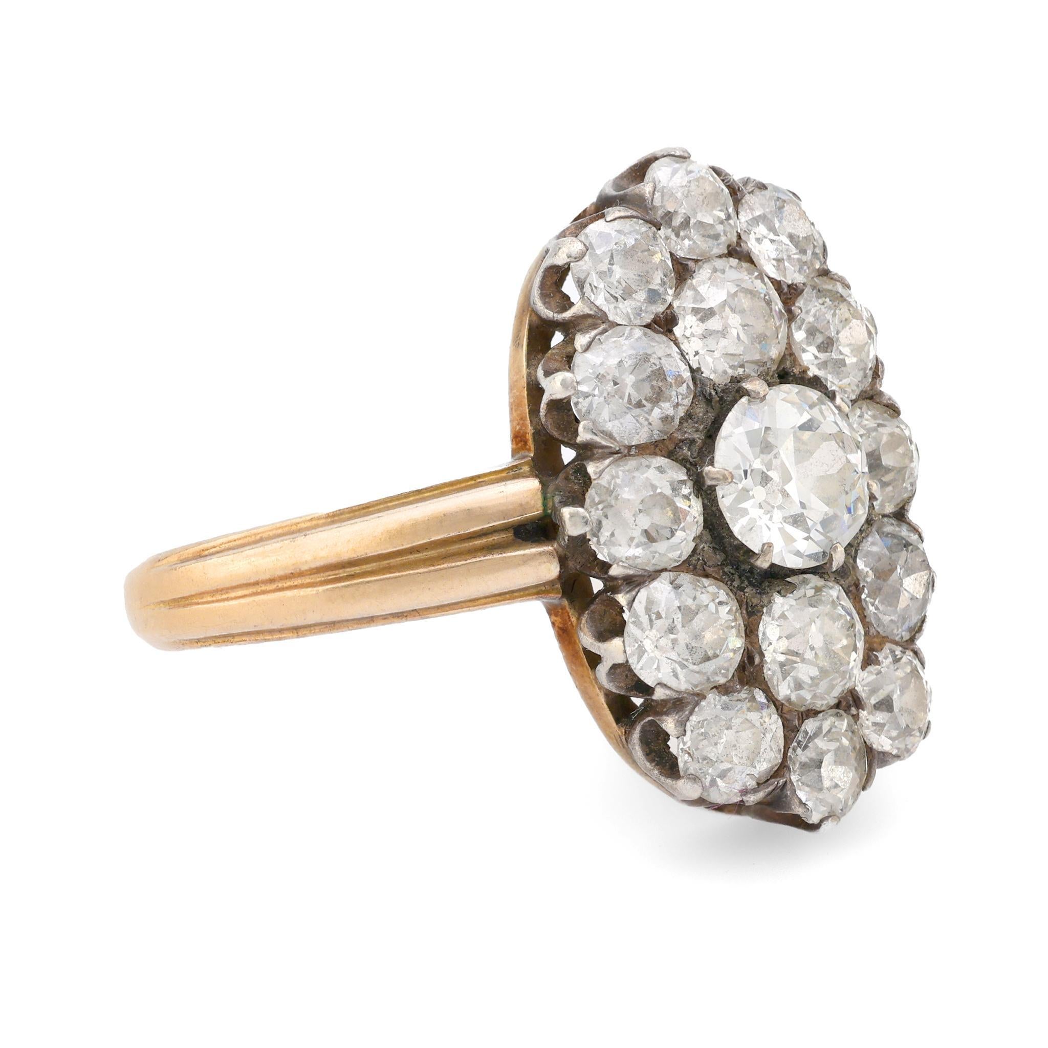 Antiker 3 Karat Gesamtgewicht Diamantring aus 18k Gelbgold und Silber mit Diamanten (Viktorianisch)
