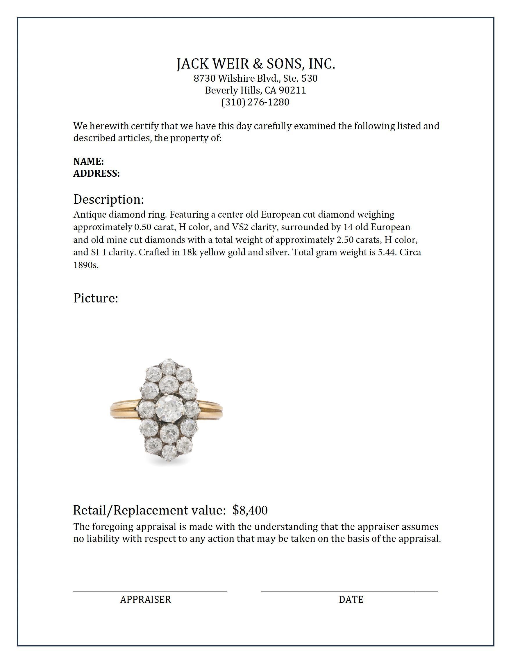 Antiker 3 Karat Gesamtgewicht Diamantring aus 18k Gelbgold und Silber mit Diamanten im Zustand „Hervorragend“ in Beverly Hills, CA