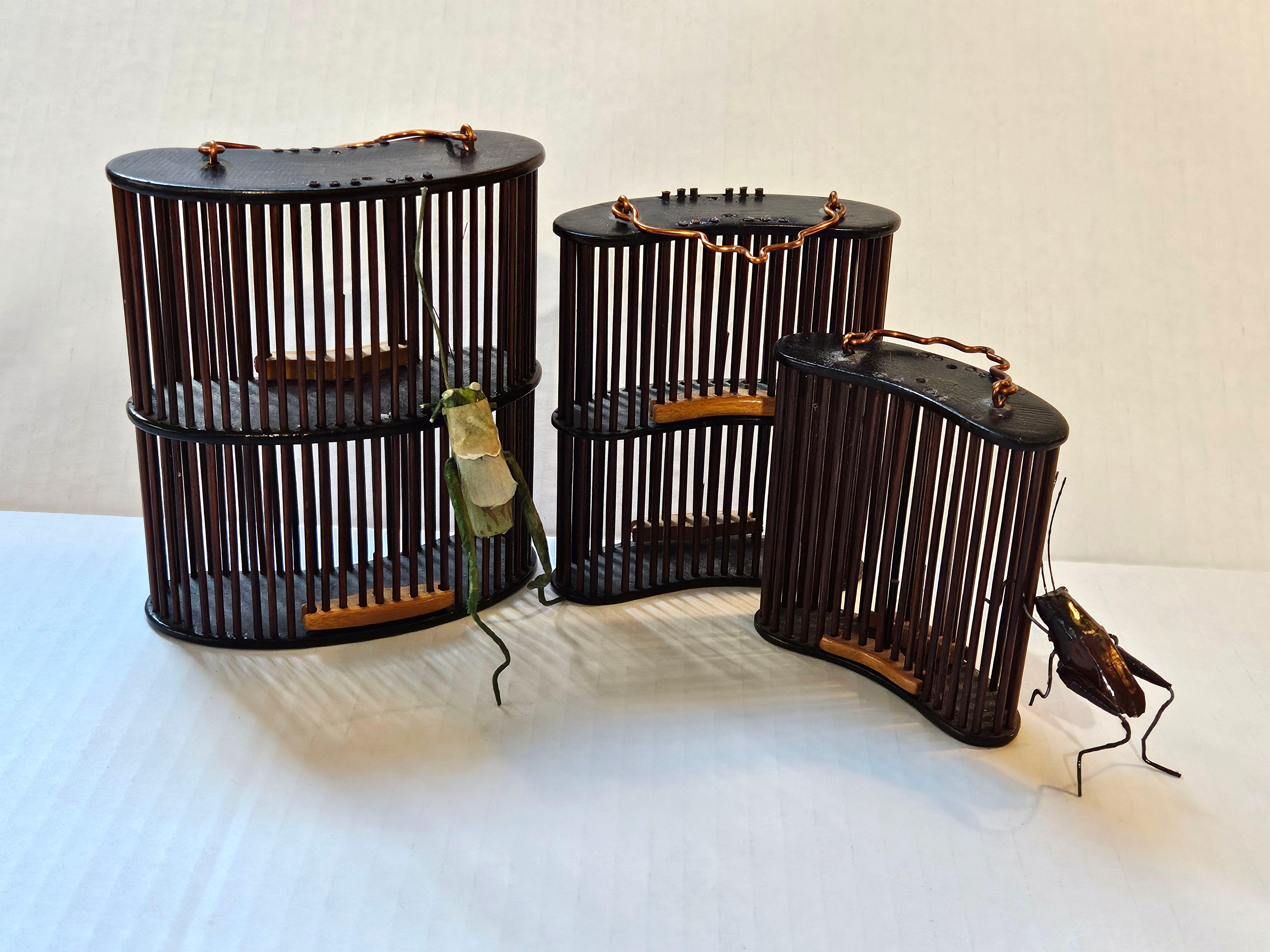 Antique 3 Chinese Bamboo Insect Cricket Cages 