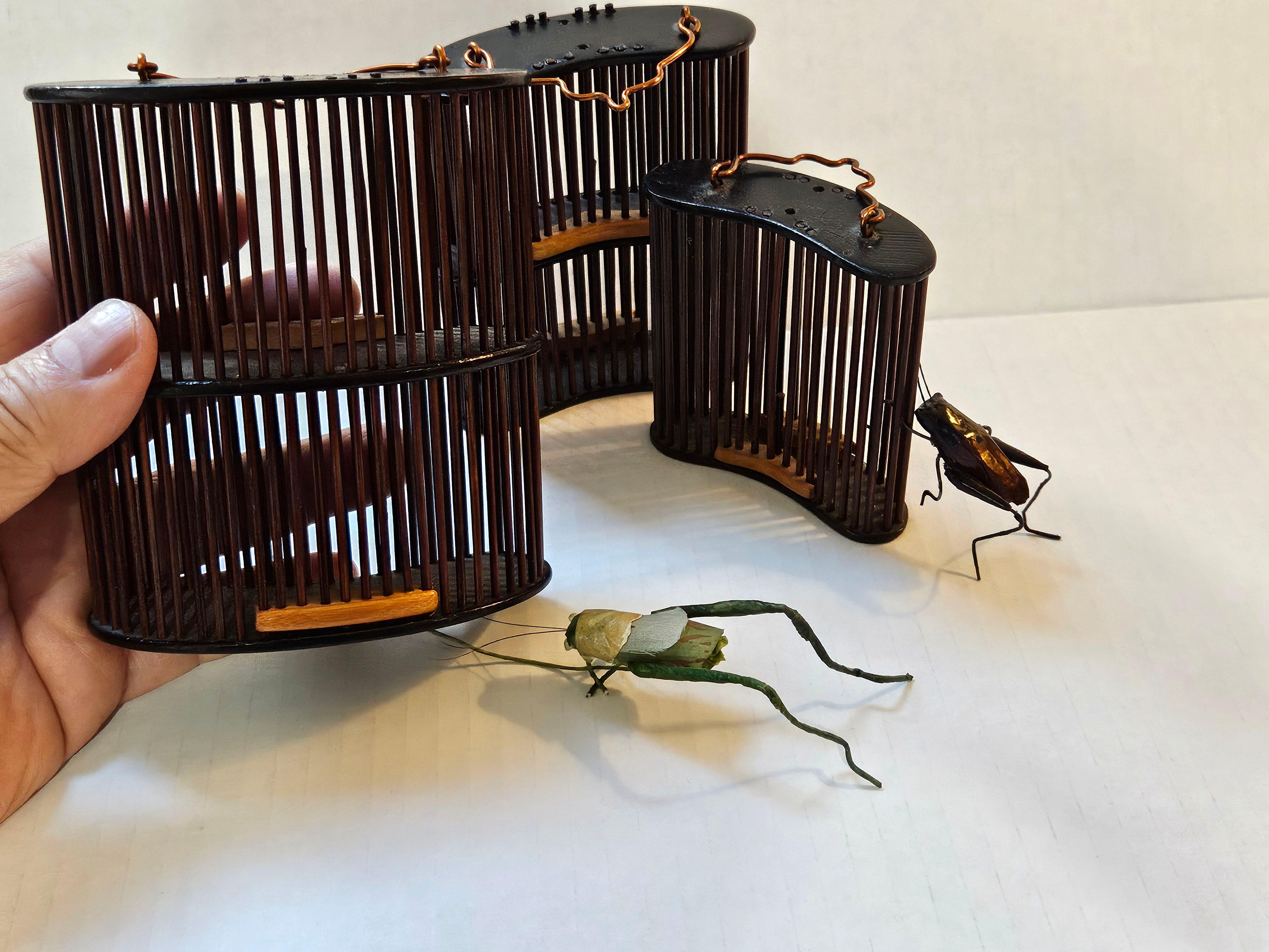 Antique 3 Chinese Bamboo Insect Cricket Cages 