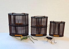 Antique 3 Chinese Bamboo Insect Cricket Cages "Curved Form" and 2 Metal Crickets