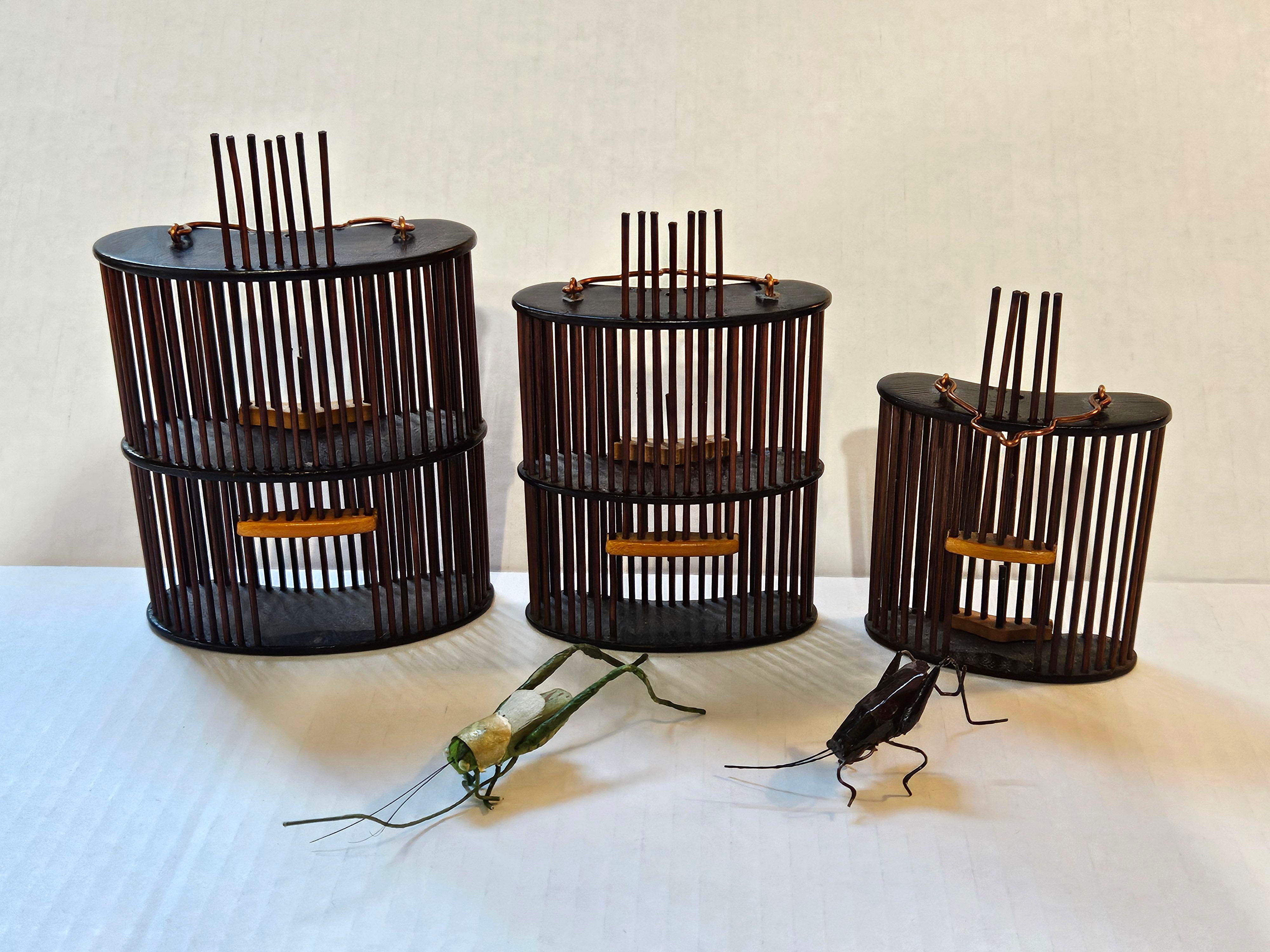 20th Century Antique 3 Chinese Bamboo Insect Cricket Cages 