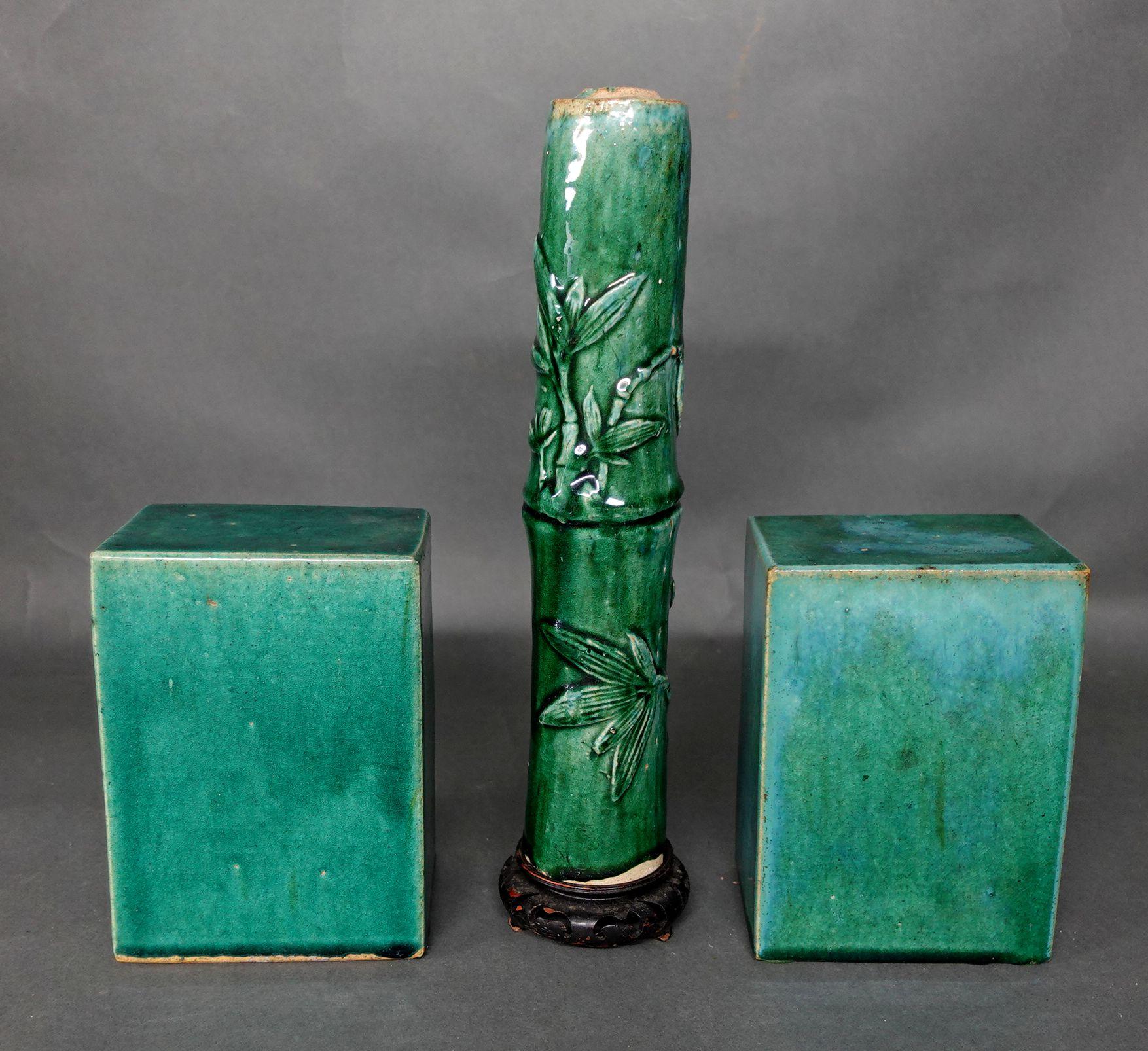 3 Chinese antique with green-glazed, 2 rectangular pillows, bisque bases and interiors, and one carved in bamboo form.
The pillows measured 5.25