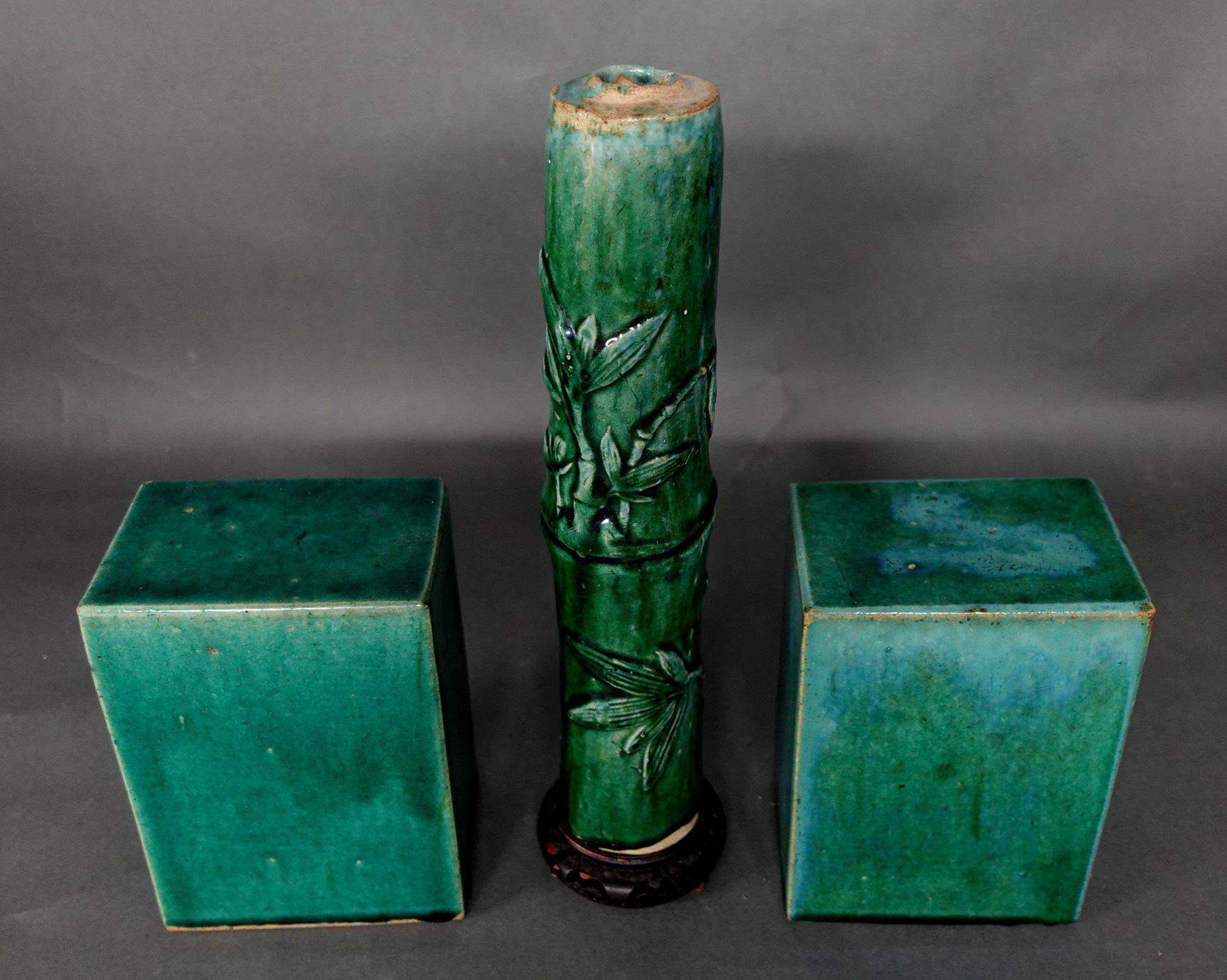 Hand-Painted Antique 3 Chinese Green-Glazed Pottery Items For Sale