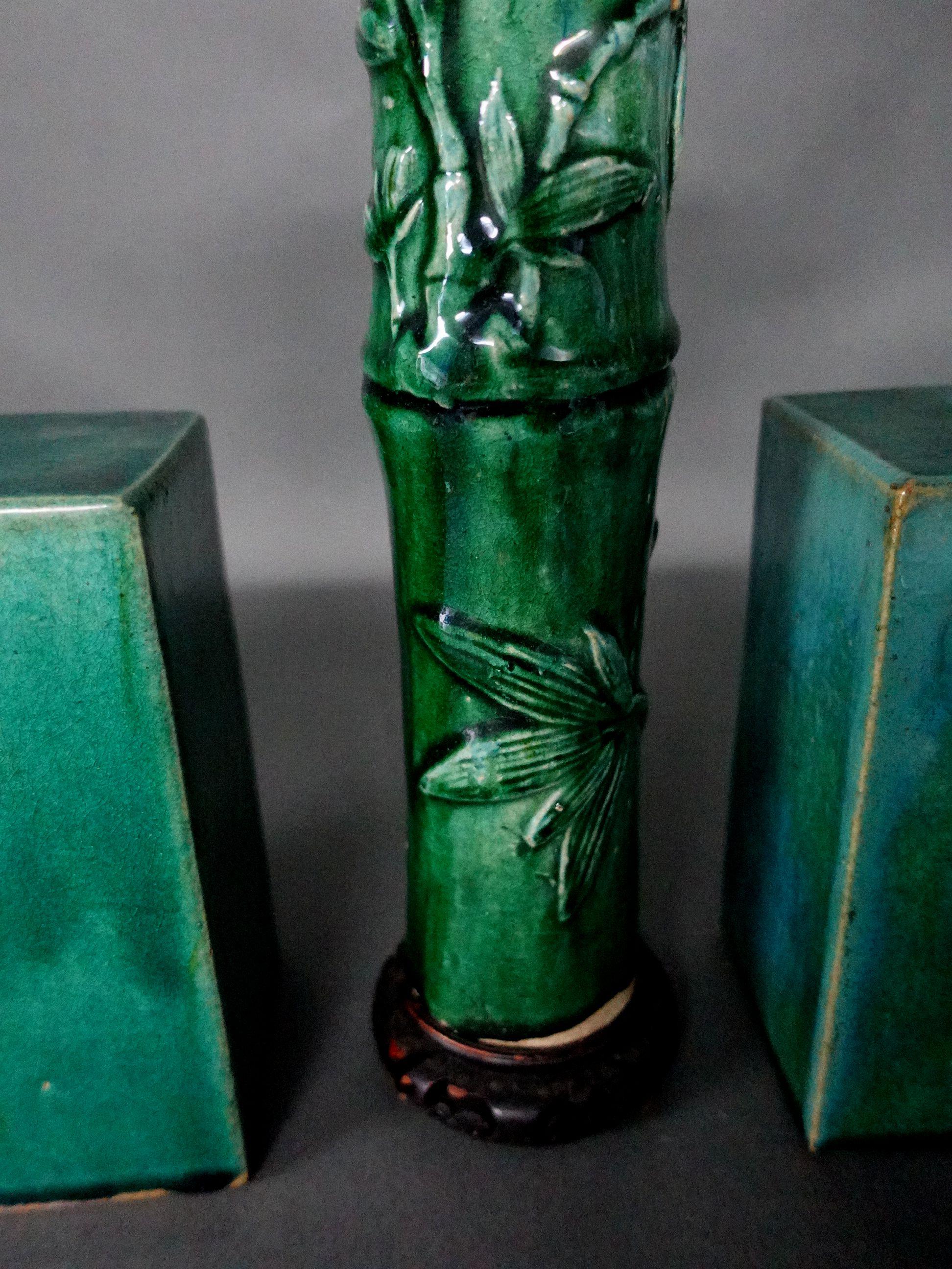 19th Century Antique 3 Chinese Green-Glazed Pottery Items For Sale