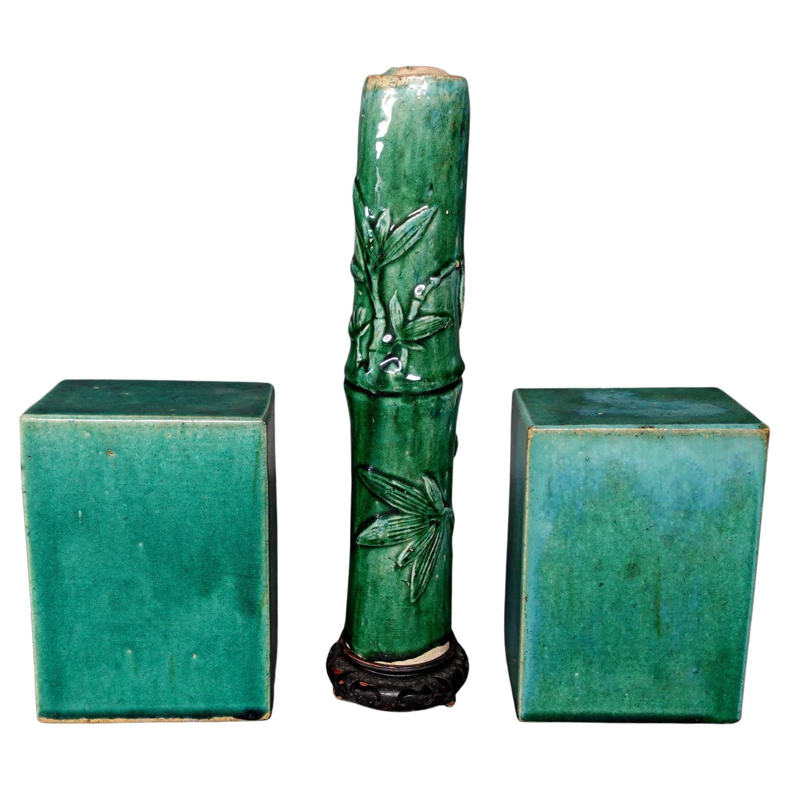 Antique 3 Chinese Green-Glazed Pottery Items For Sale